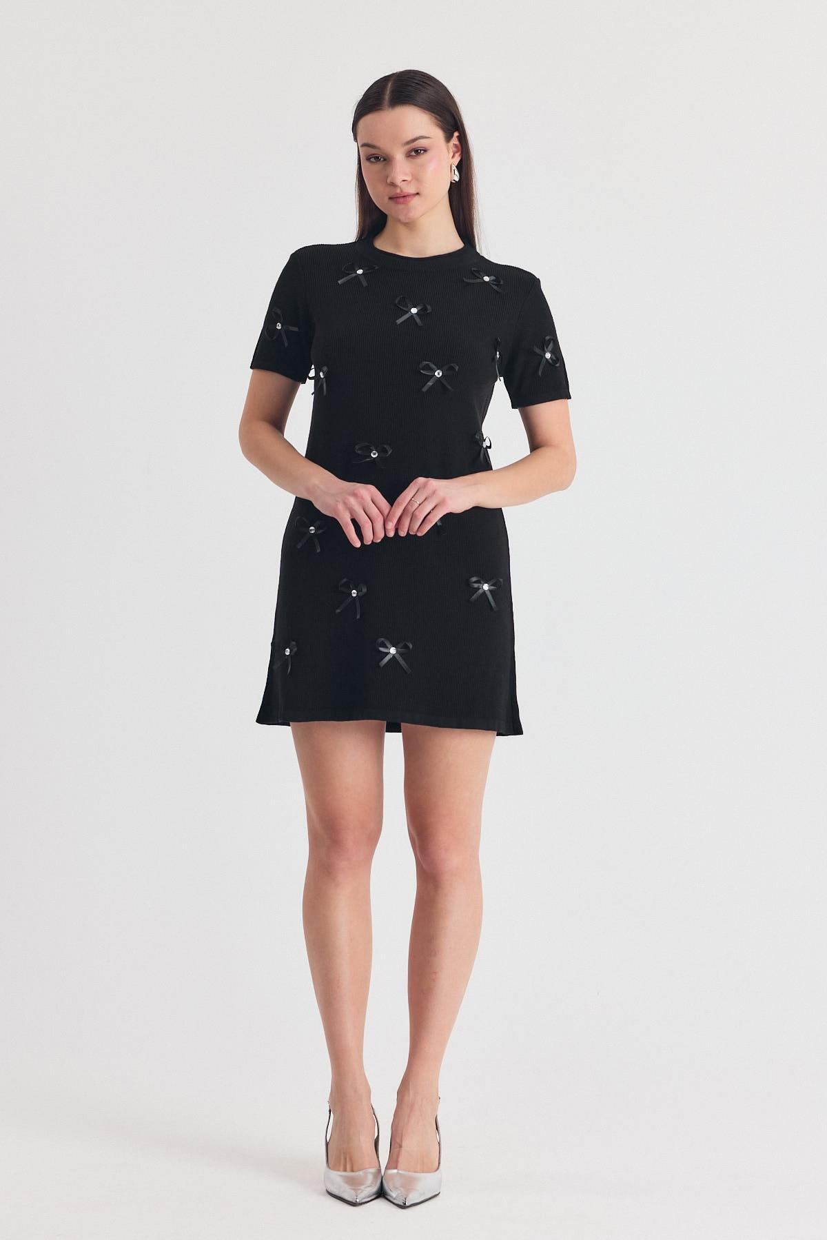 Siyah Kurdela Detay Triko Elbise 2117 - RAYS