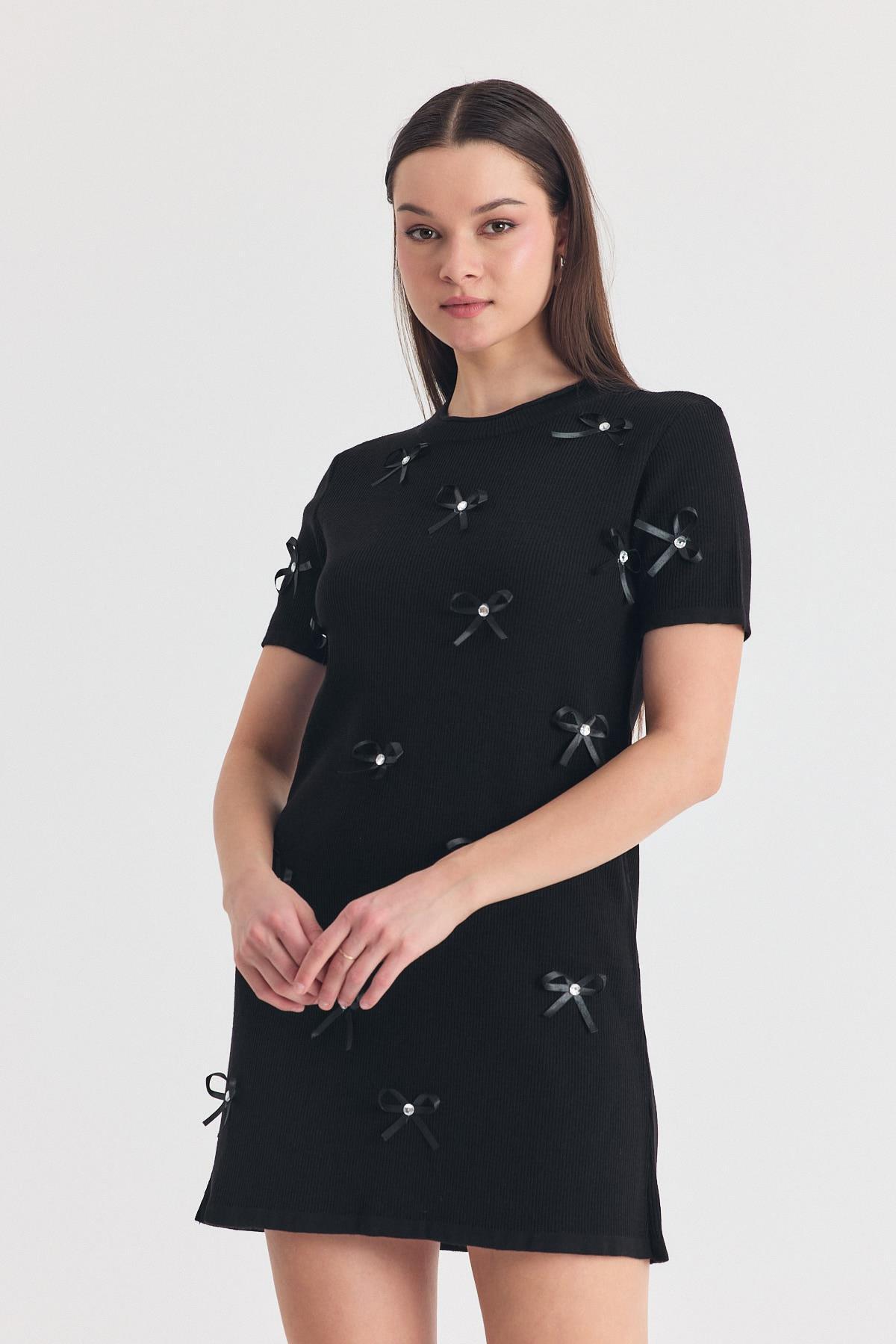 Siyah Kurdela Detay Triko Elbise 2117 - RAYS