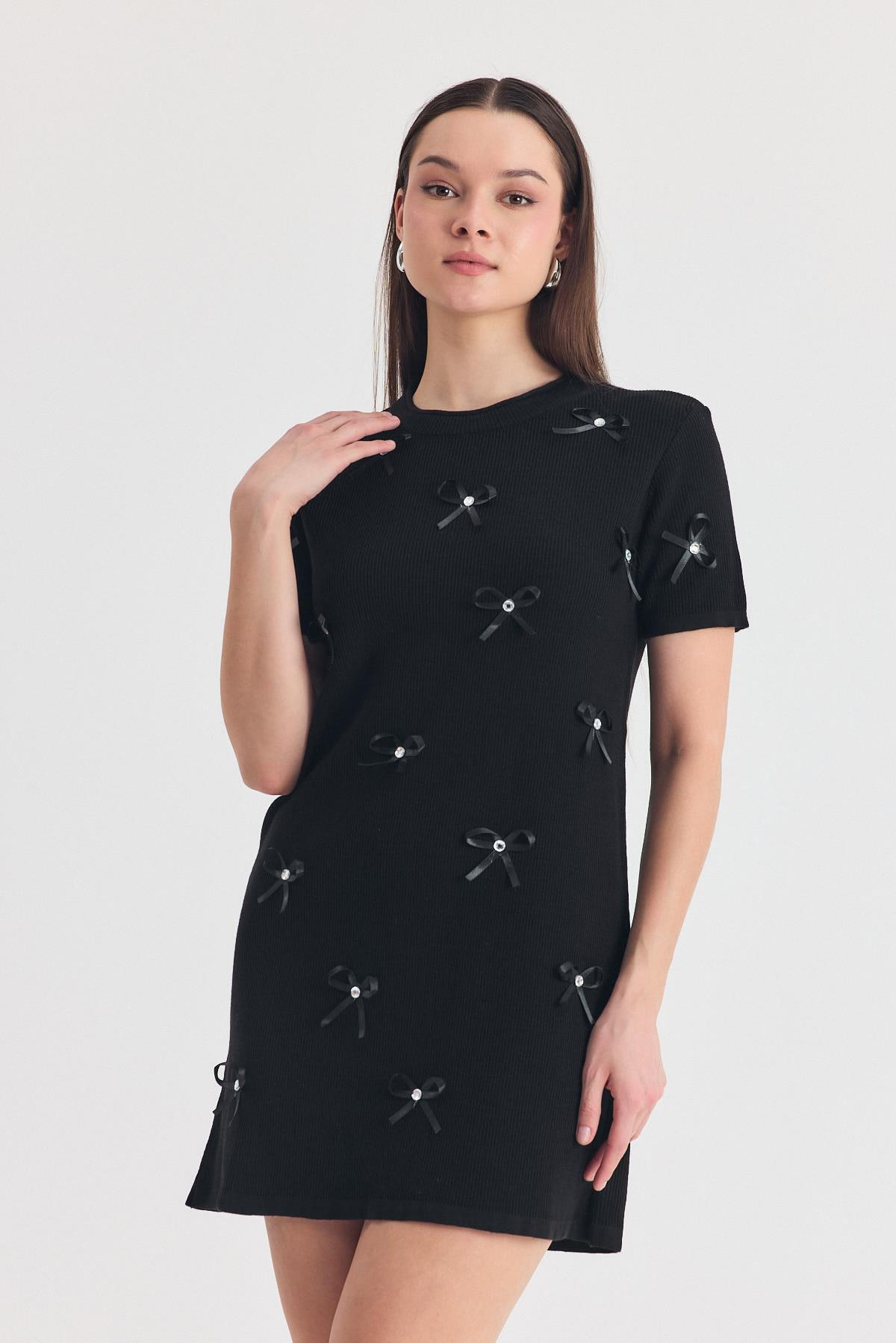 Siyah Kurdela Detay Triko Elbise 2117 - 8