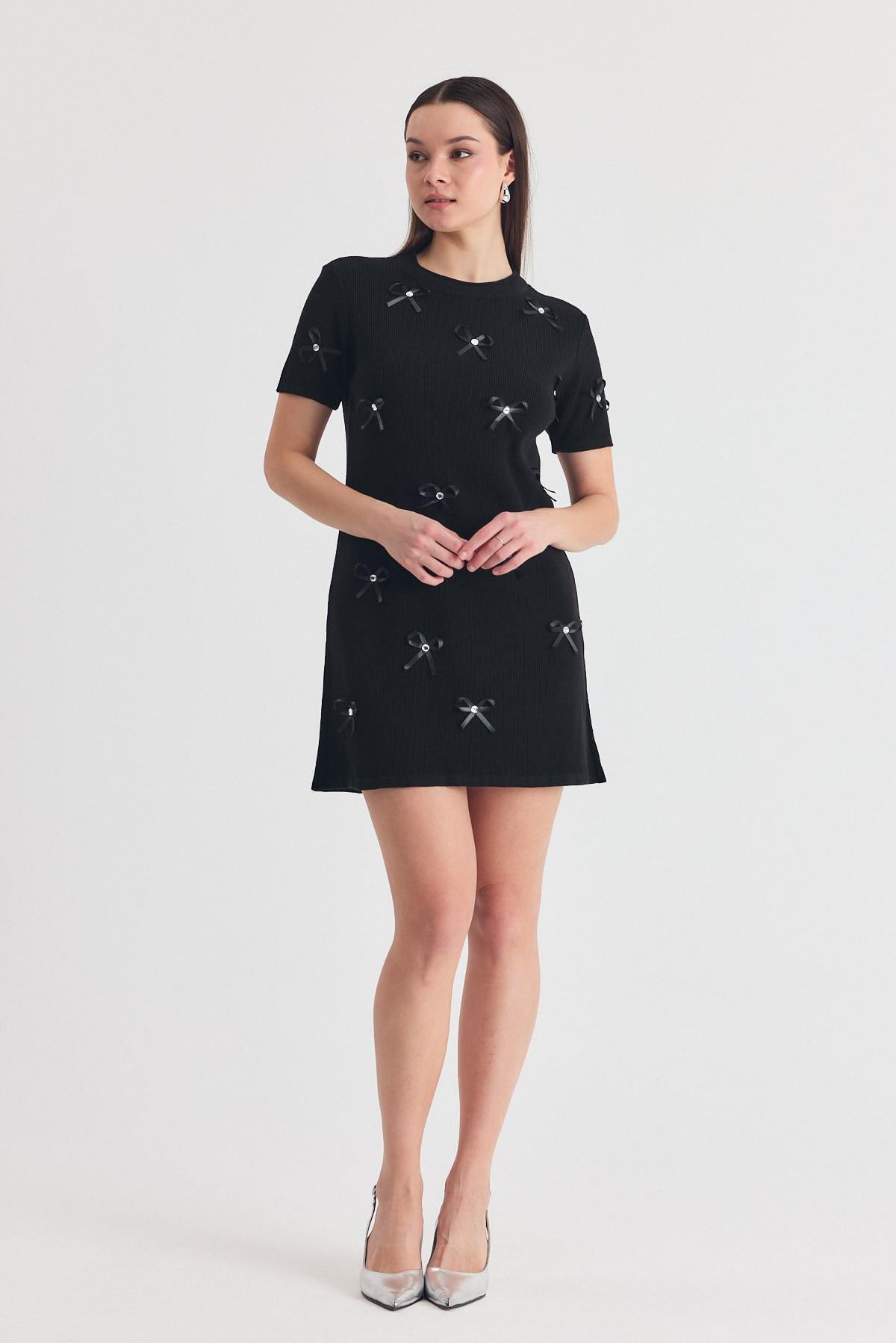 Siyah Kurdela Detay Triko Elbise 2117 - 7