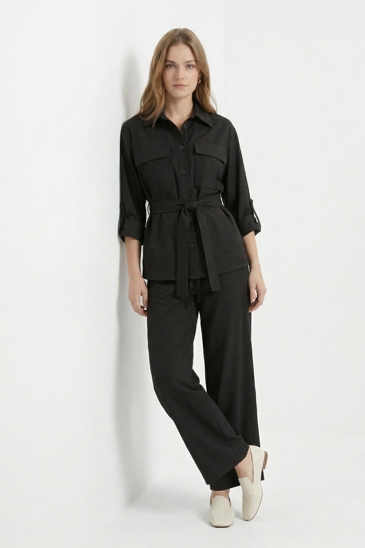 Siyah Kuşaklı Cepli Ceket Pantolon Takım 8874 