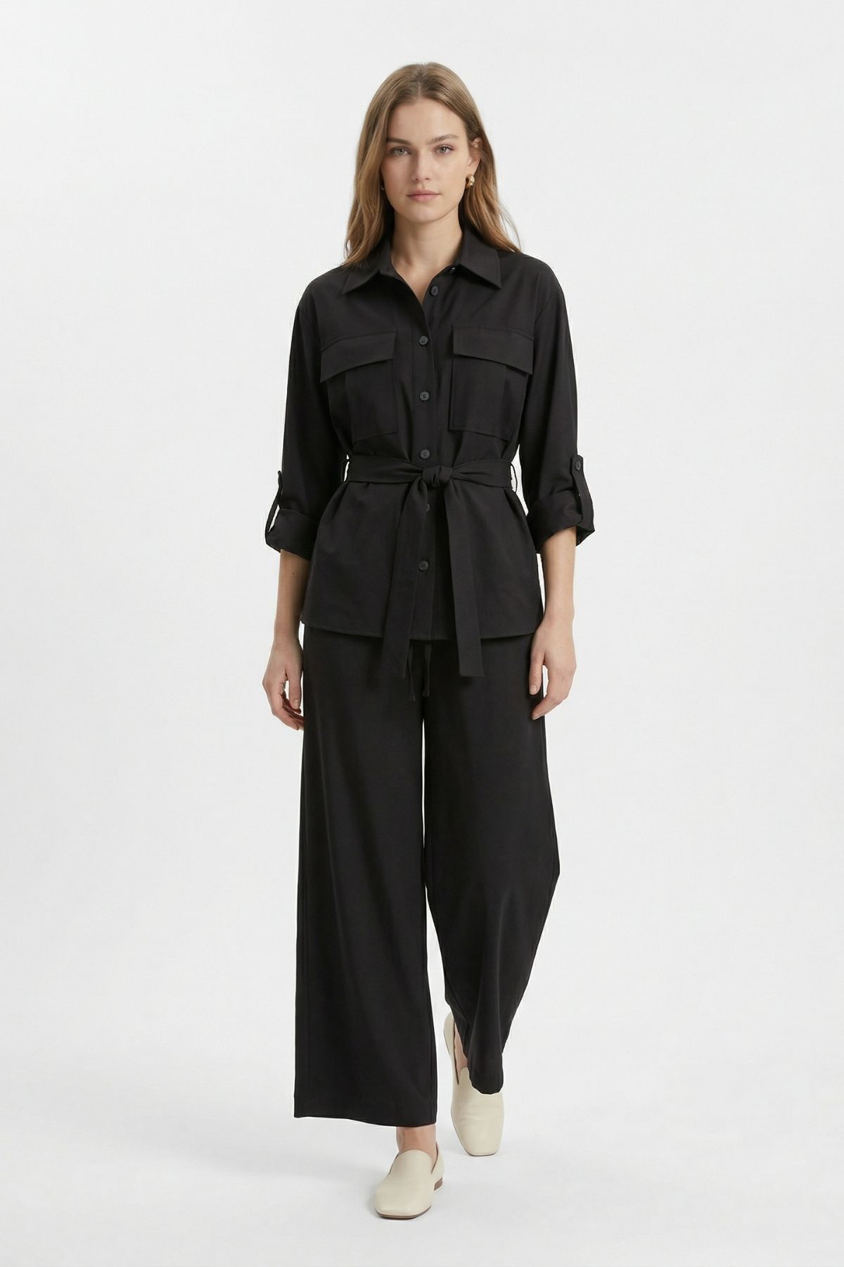 Siyah Kuşaklı Cepli Ceket Pantolon Takım 8874 - 2