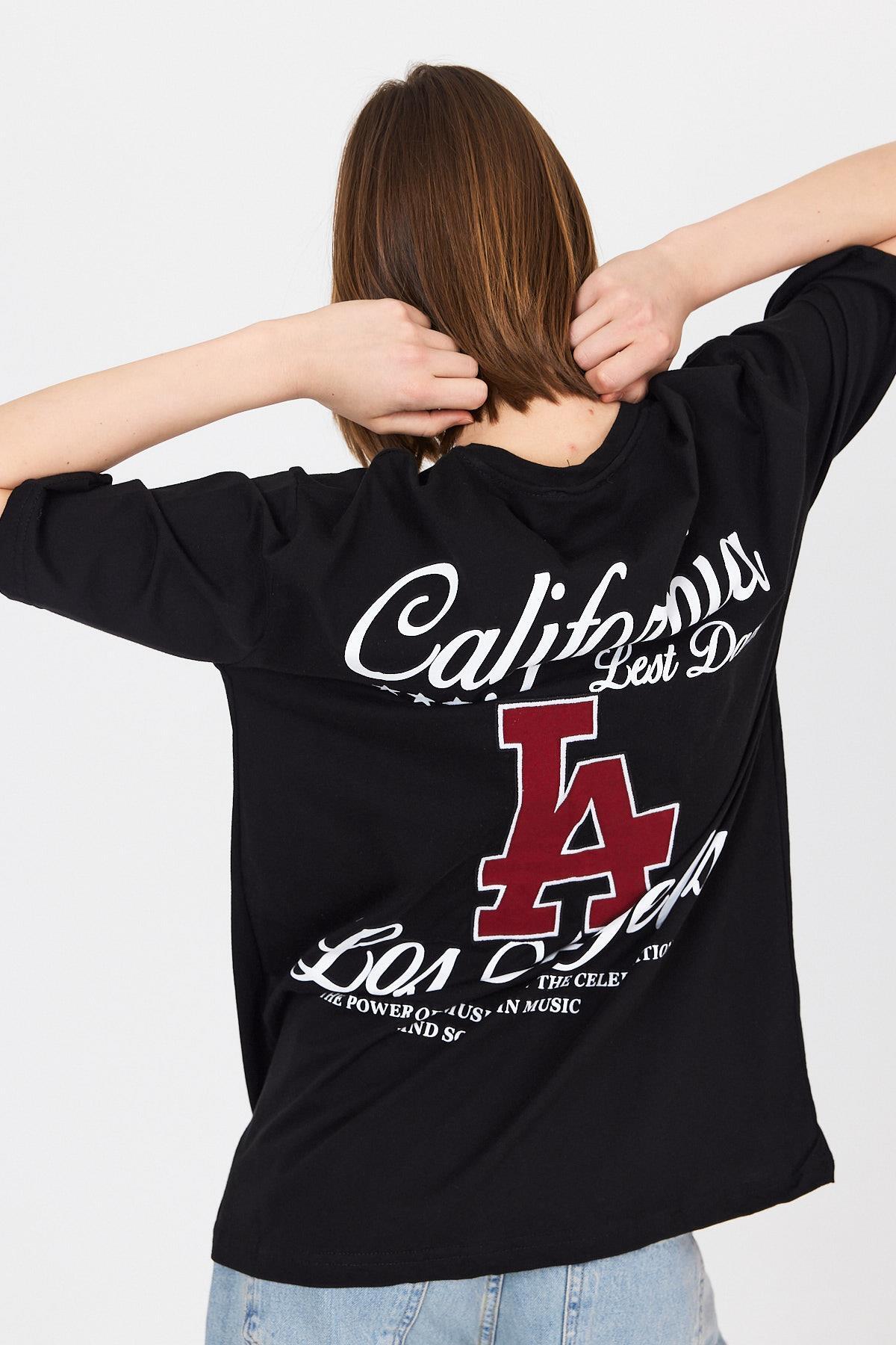 Siyah LA Baskılı California Yazılı Oversize Tişört 5197 - 3