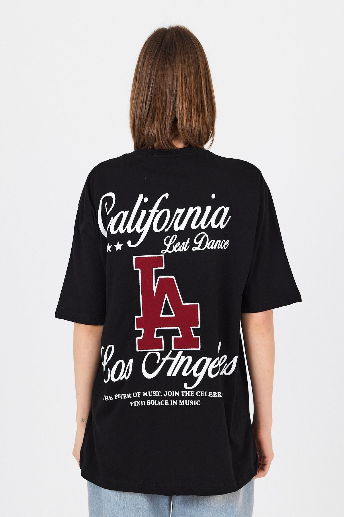 Siyah LA Baskılı California Yazılı Oversize Tişört 5197 - 5