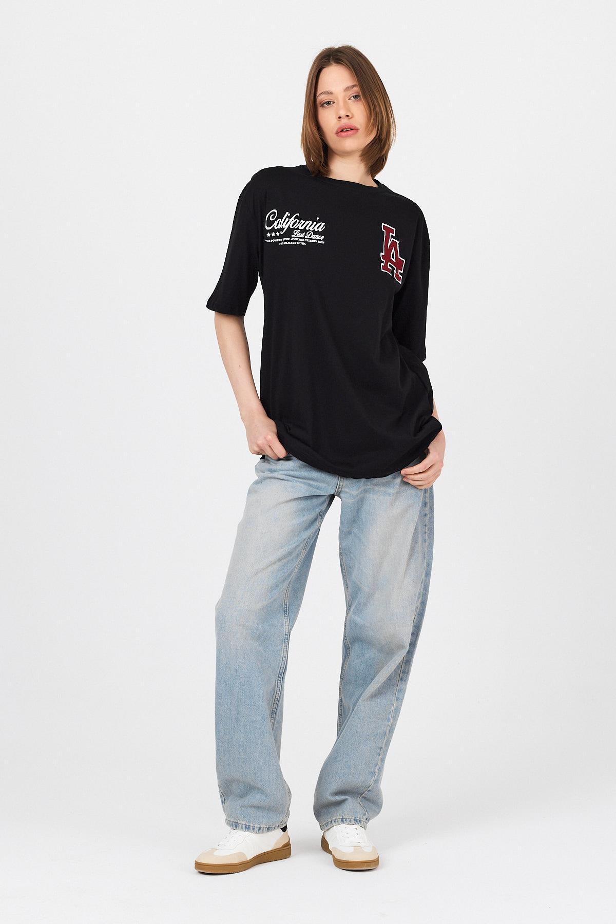 Siyah LA Baskılı California Yazılı Oversize Tişört 5197 - 7
