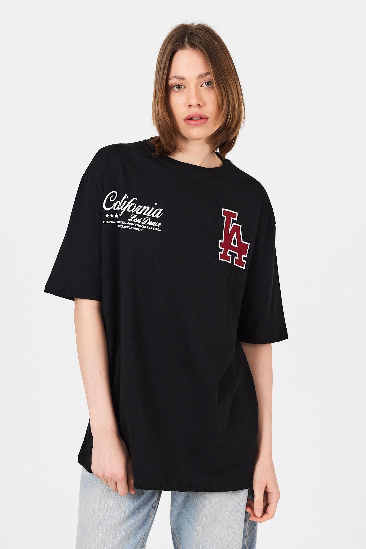 Siyah LA Baskılı California Yazılı Oversize Tişört 5197 