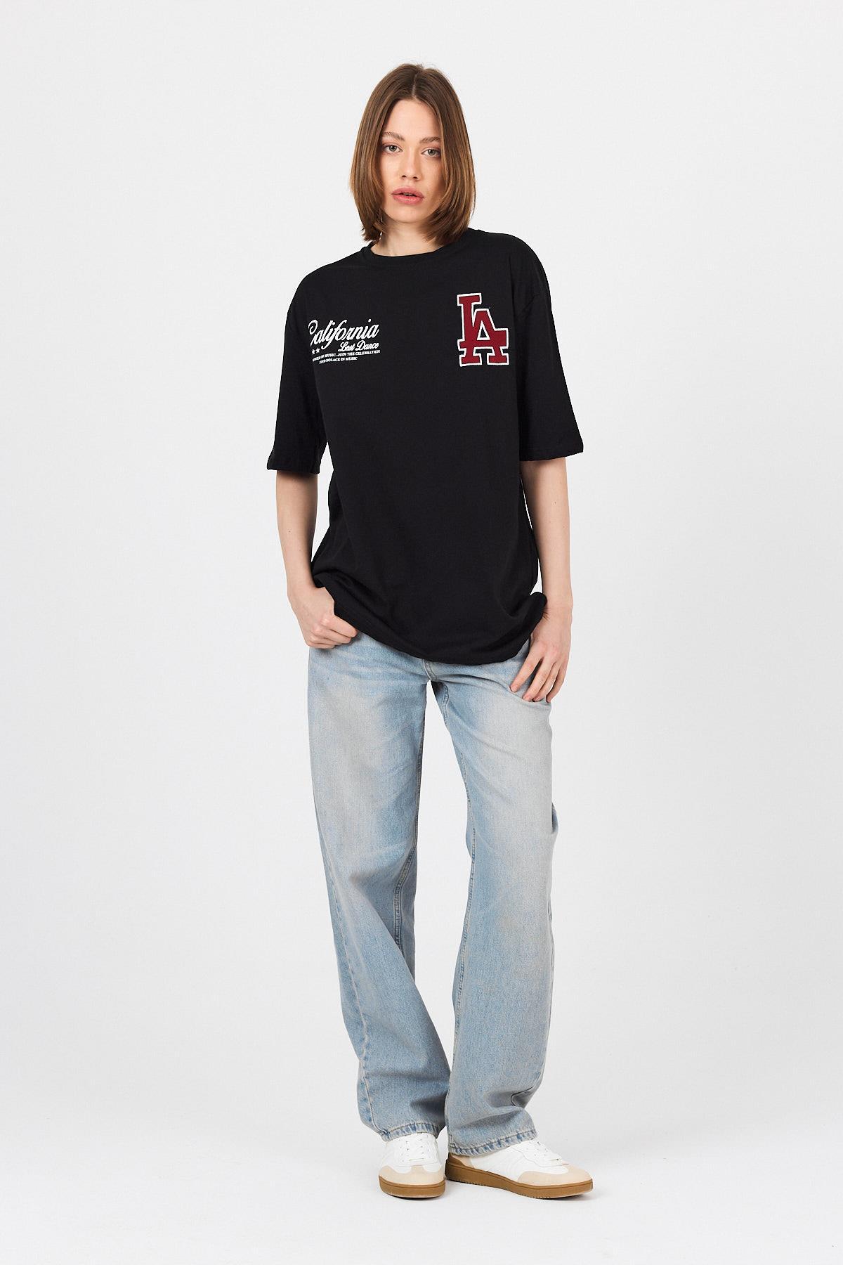 Siyah LA Baskılı California Yazılı Oversize Tişört 5197 - 2