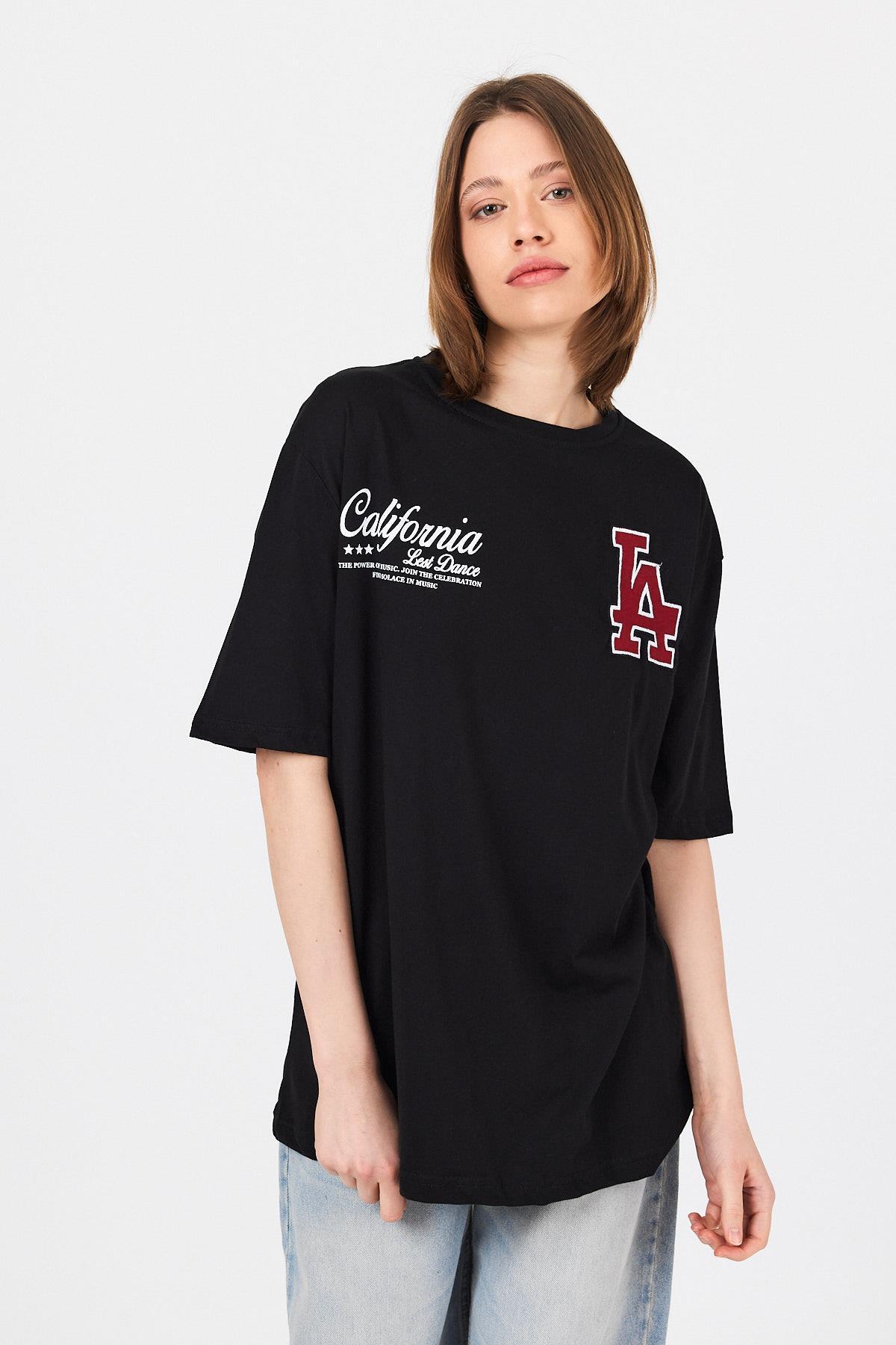 Siyah LA Baskılı California Yazılı Oversize Tişört 5197 - 4