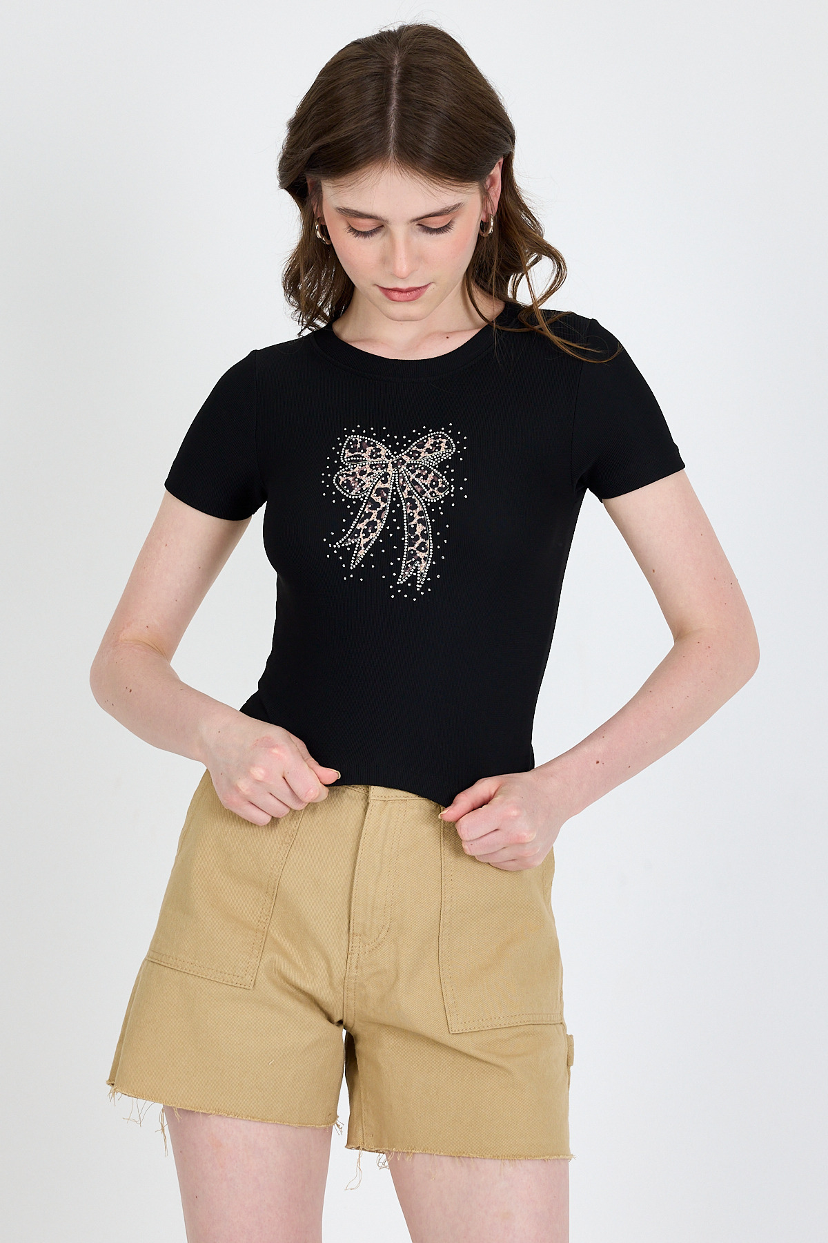 Siyah Leopar Fiyonk Baskılı Taş Detaylı Slim Fit Crop Tişört 0549-1 - RAYS