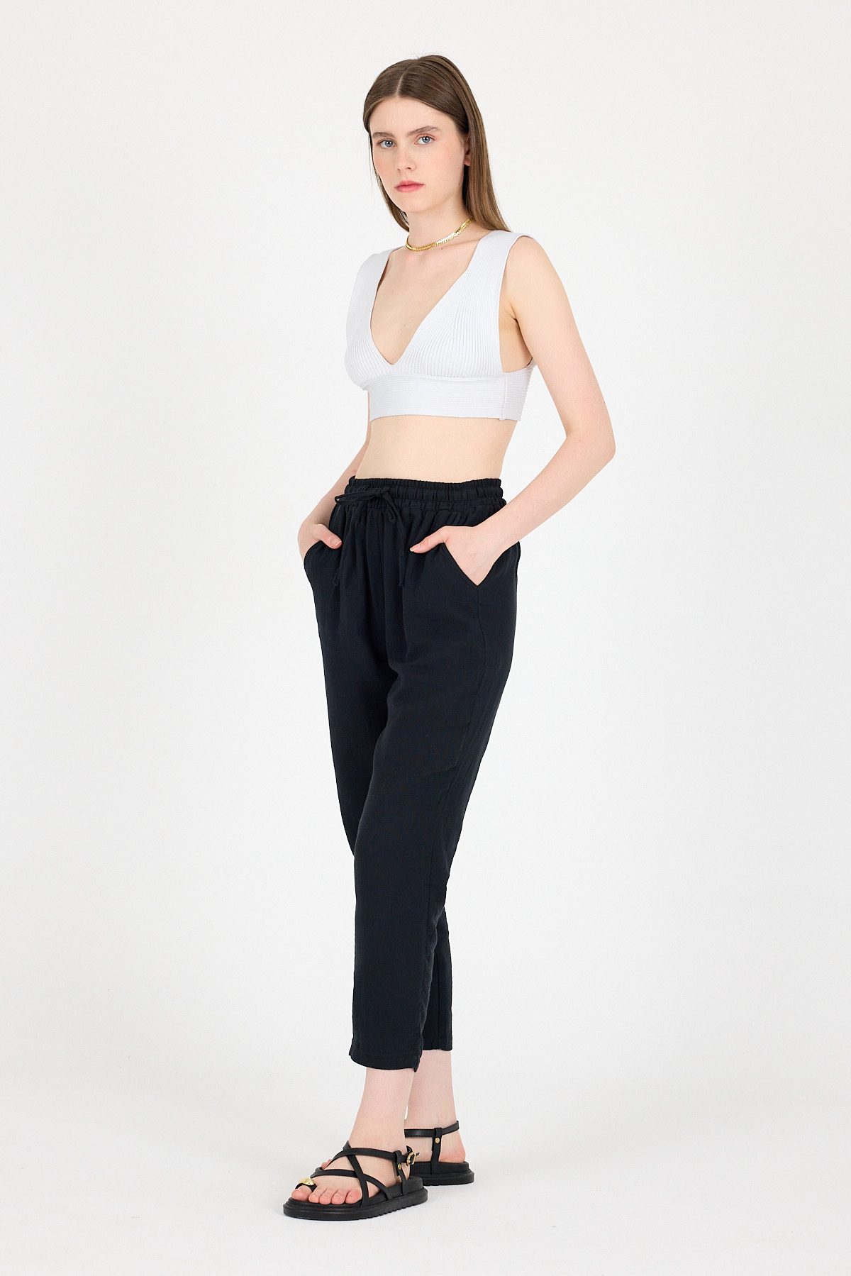 Siyah Müslin %100 Pamuk Beli Lastikli Pantolon 8055A - 6