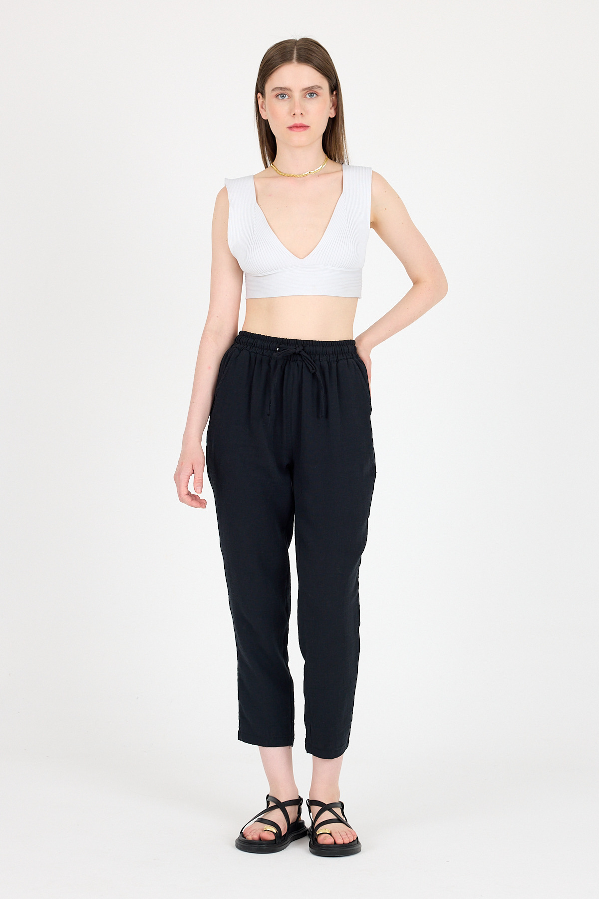 Siyah Müslin %100 Pamuk Beli Lastikli Pantolon 8055A - 2