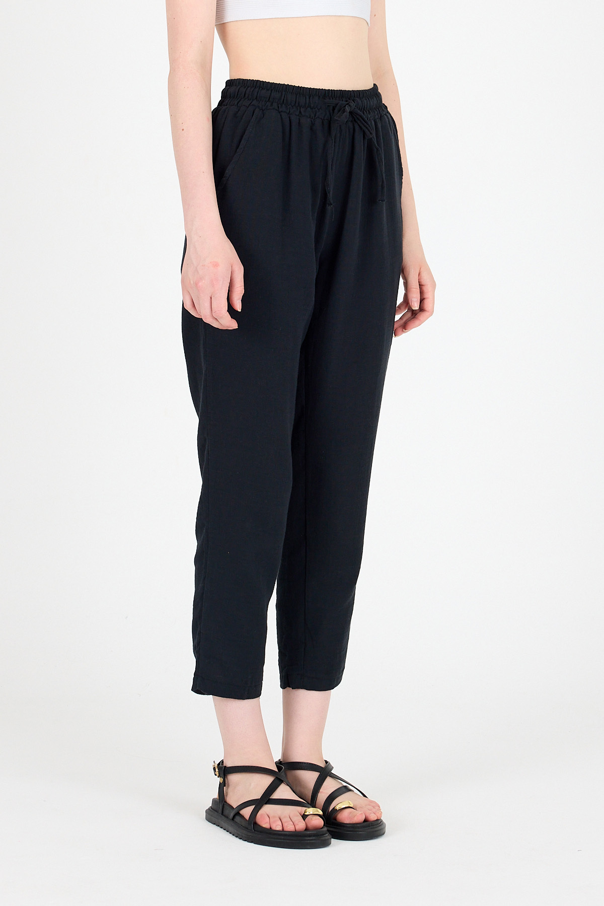 Siyah Müslin %100 Pamuk Beli Lastikli Pantolon 8055A - RAYS