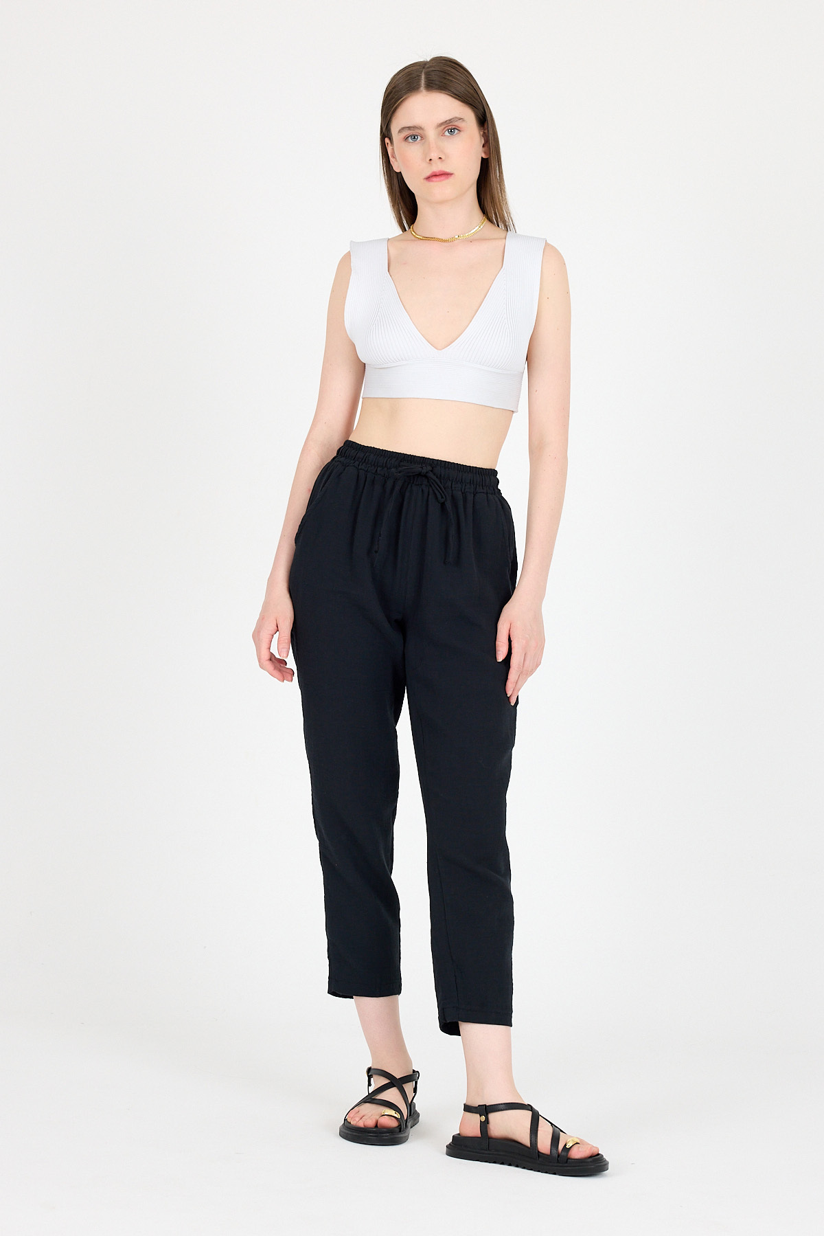 Siyah Müslin %100 Pamuk Beli Lastikli Pantolon 8055A 