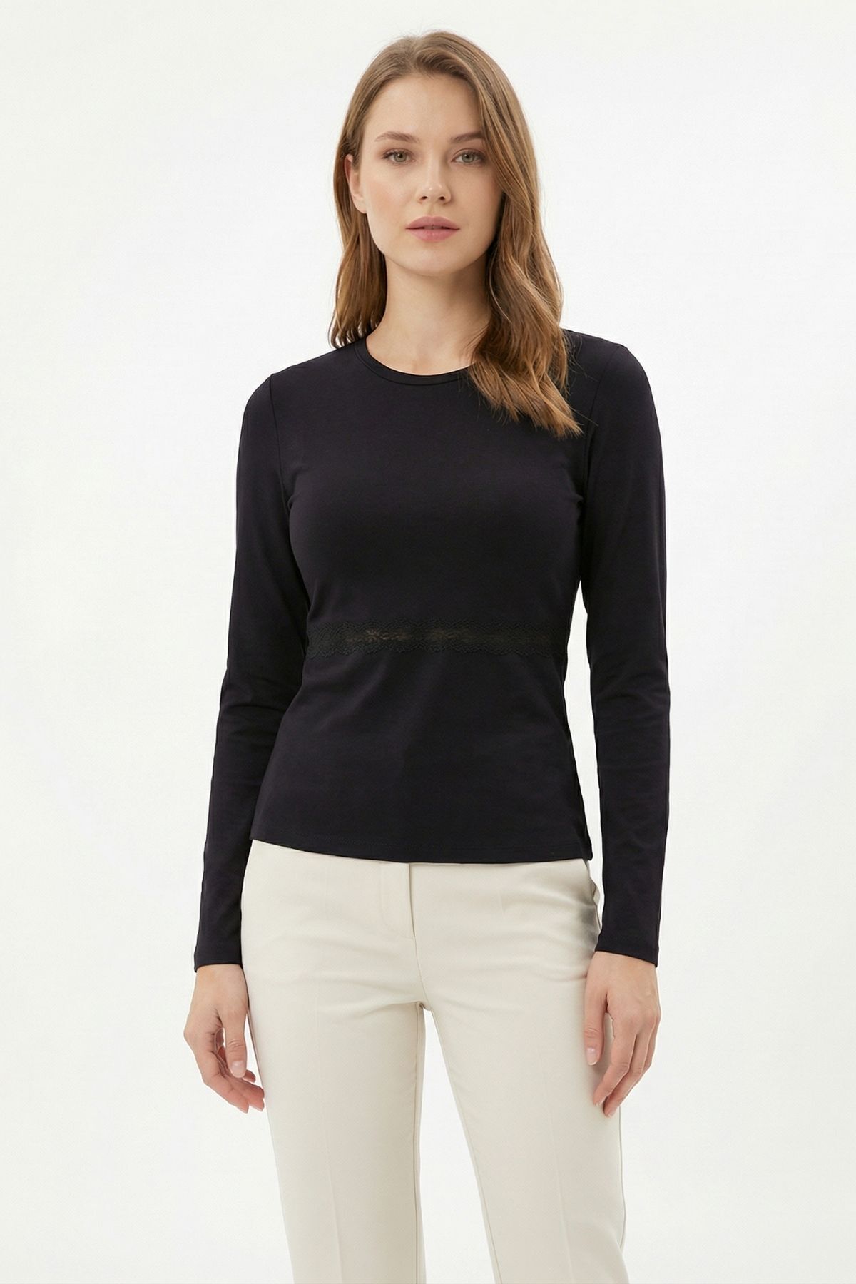 Siyah Omuz Dantel Uzun Kol Bluz 14371 - RAYS (1)