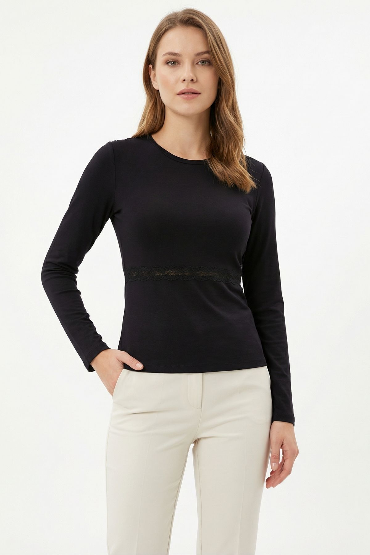 Siyah Omuz Dantel Uzun Kol Bluz 14371 - RAYS