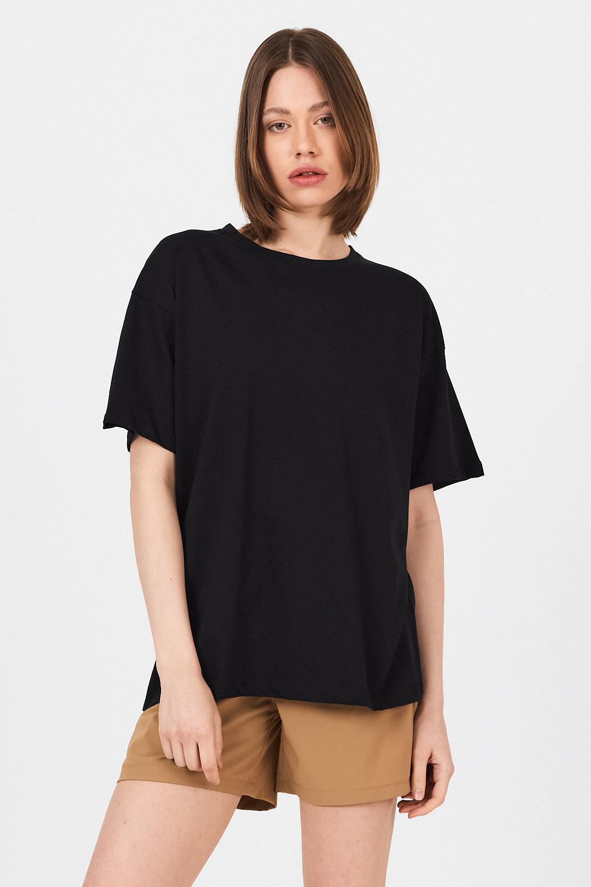 Siyah Omuz Yazı Baskılı %100 Pamuk Oversize Tişört 2150-30M - 1