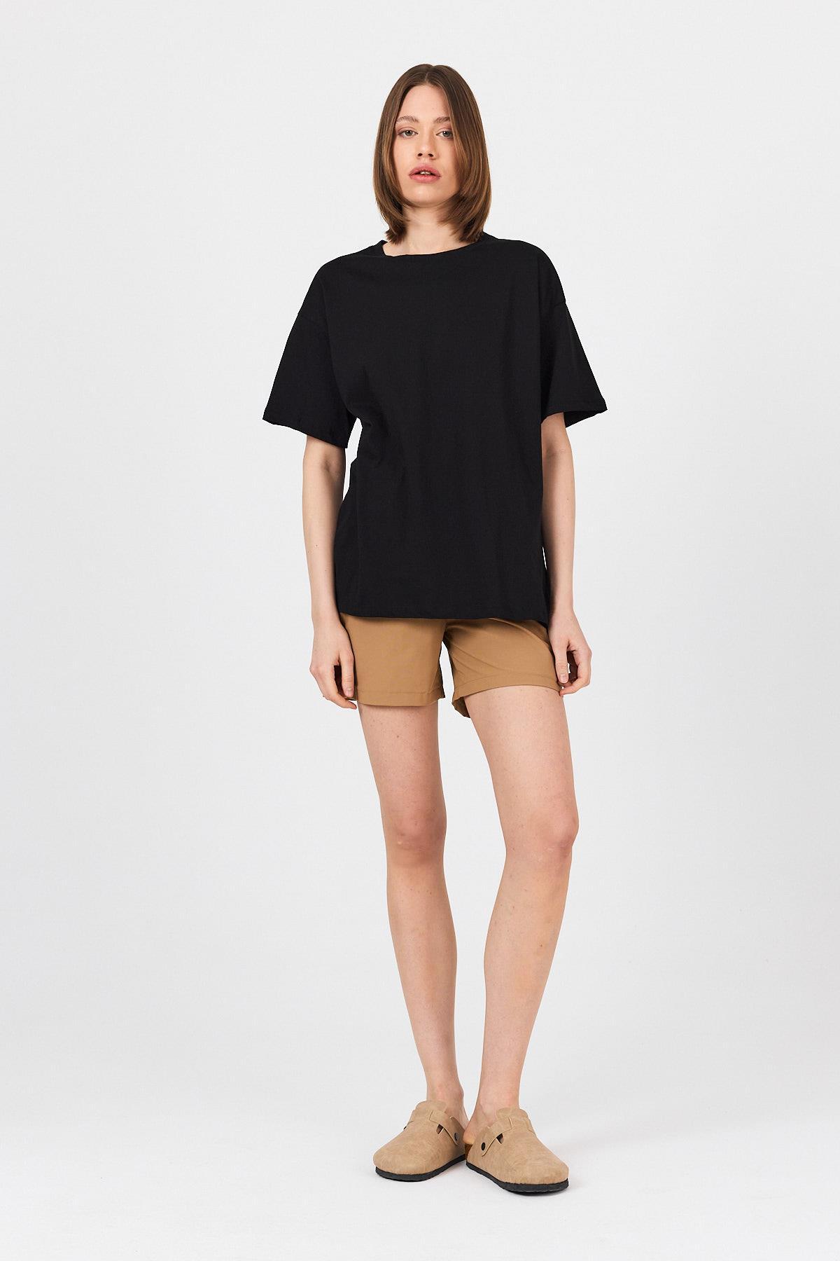 Siyah Omuz Yazı Baskılı %100 Pamuk Oversize Tişört 2150-30M - RAYS