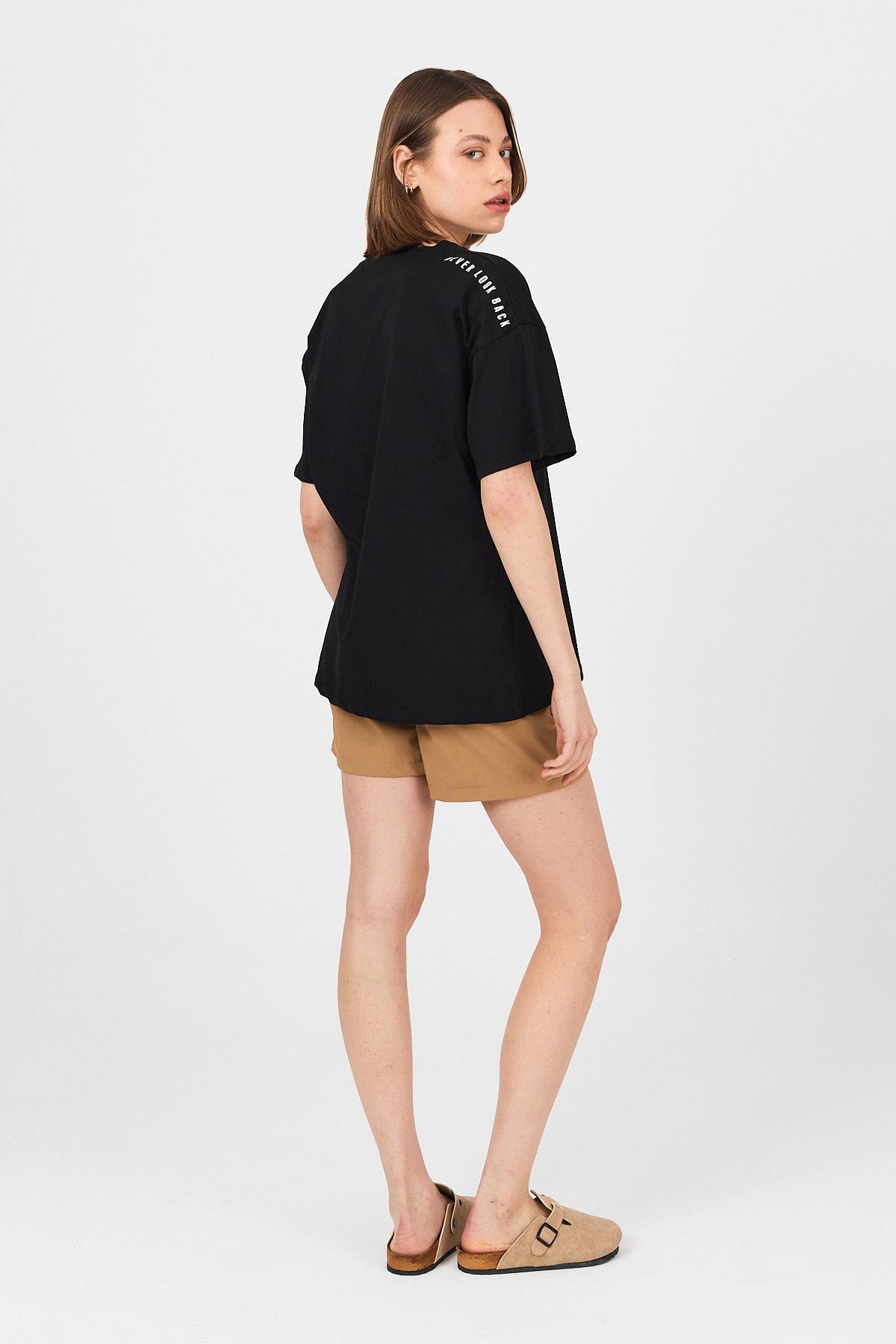 Siyah Omuz Yazı Baskılı %100 Pamuk Oversize Tişört 2150-30M - 3