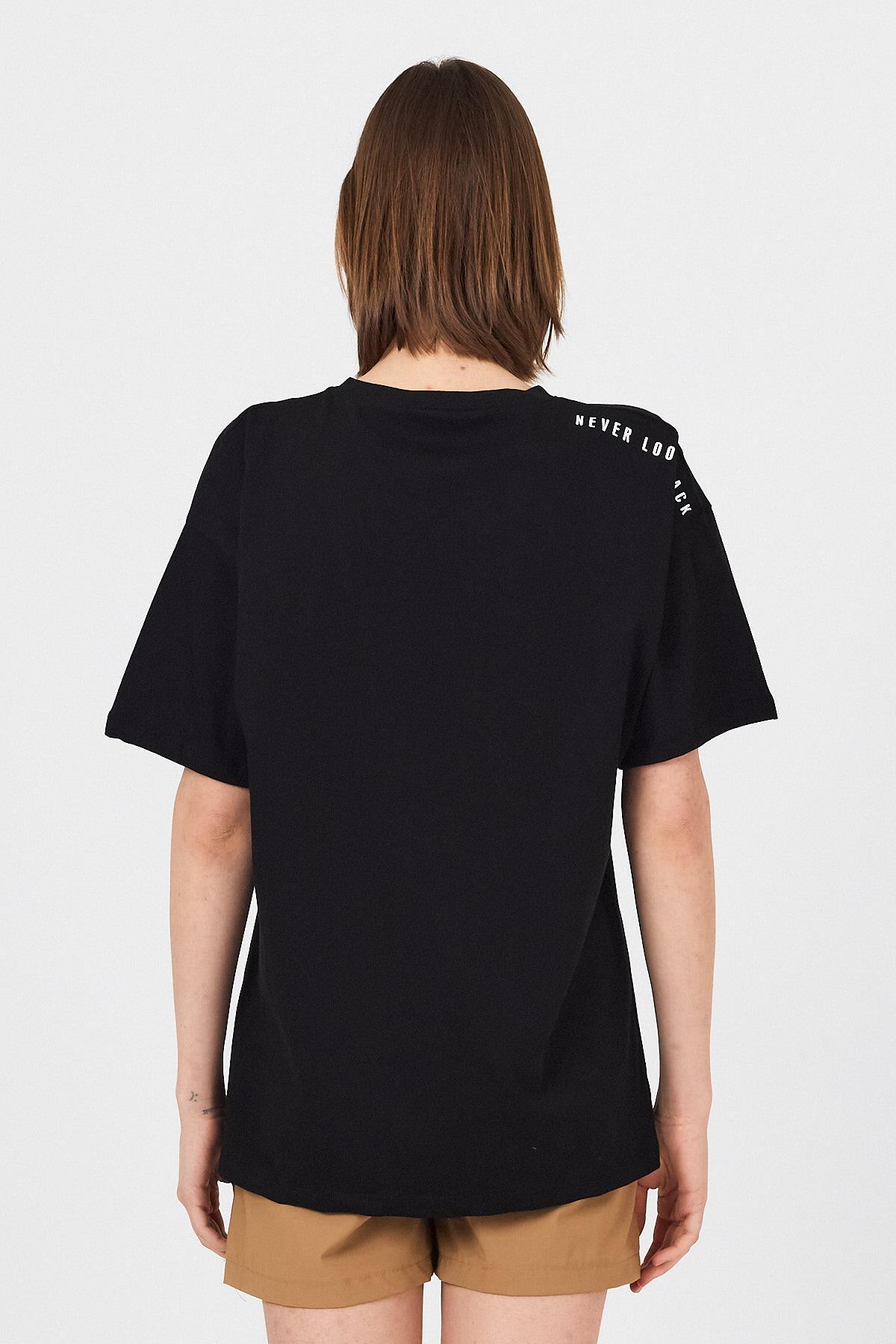 Siyah Omuz Yazı Baskılı %100 Pamuk Oversize Tişört 2150-30M - 5