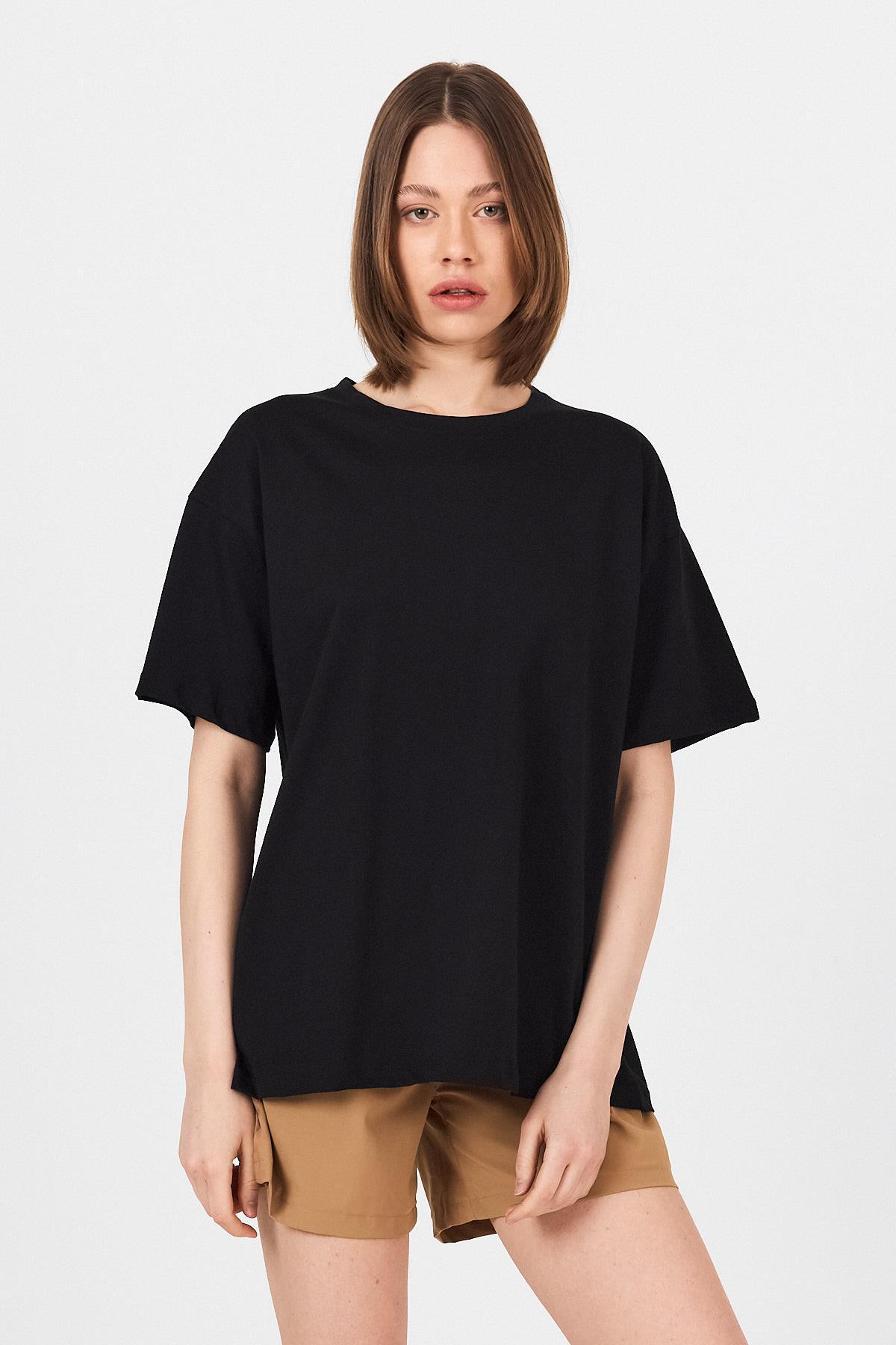 Siyah Omuz Yazı Baskılı %100 Pamuk Oversize Tişört 2150-30M - 8