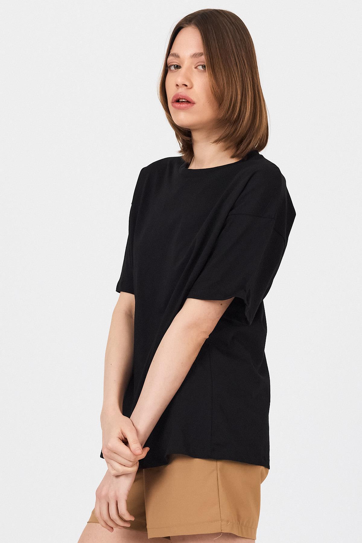 Siyah Omuz Yazı Baskılı %100 Pamuk Oversize Tişört 2150-30M - 7