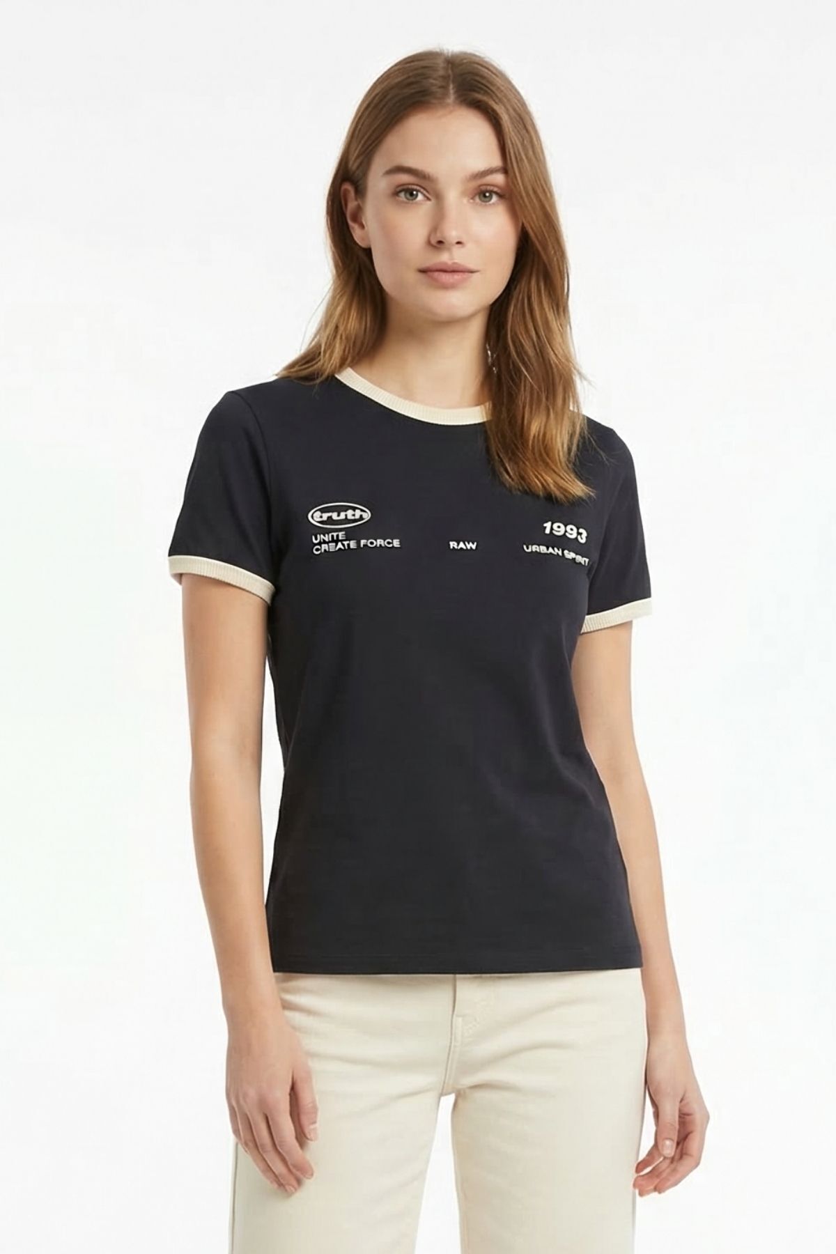 Siyah Ön Arka Yazı Baskılı Tişört 8076 - RAYS