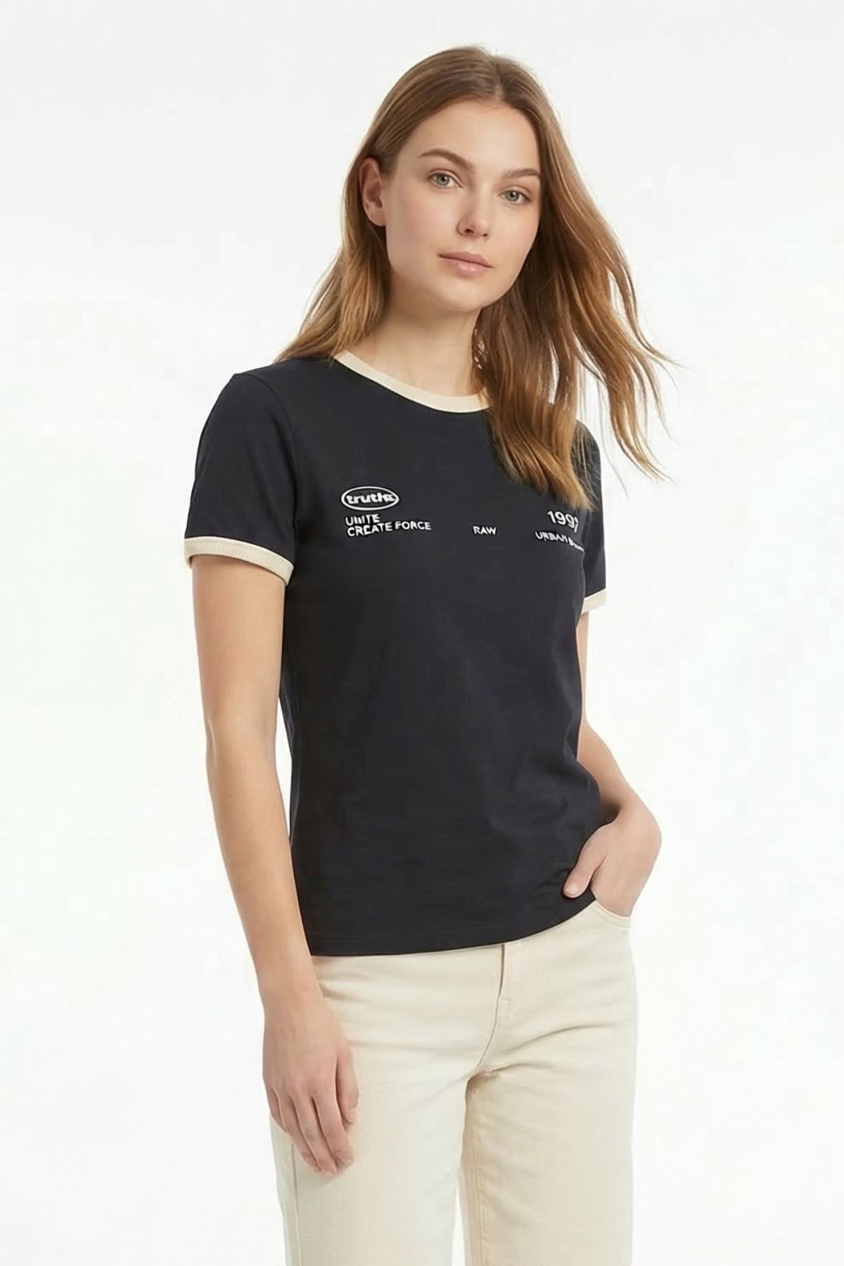 Siyah Ön Arka Yazı Baskılı Tişört 8076 - RAYS (1)