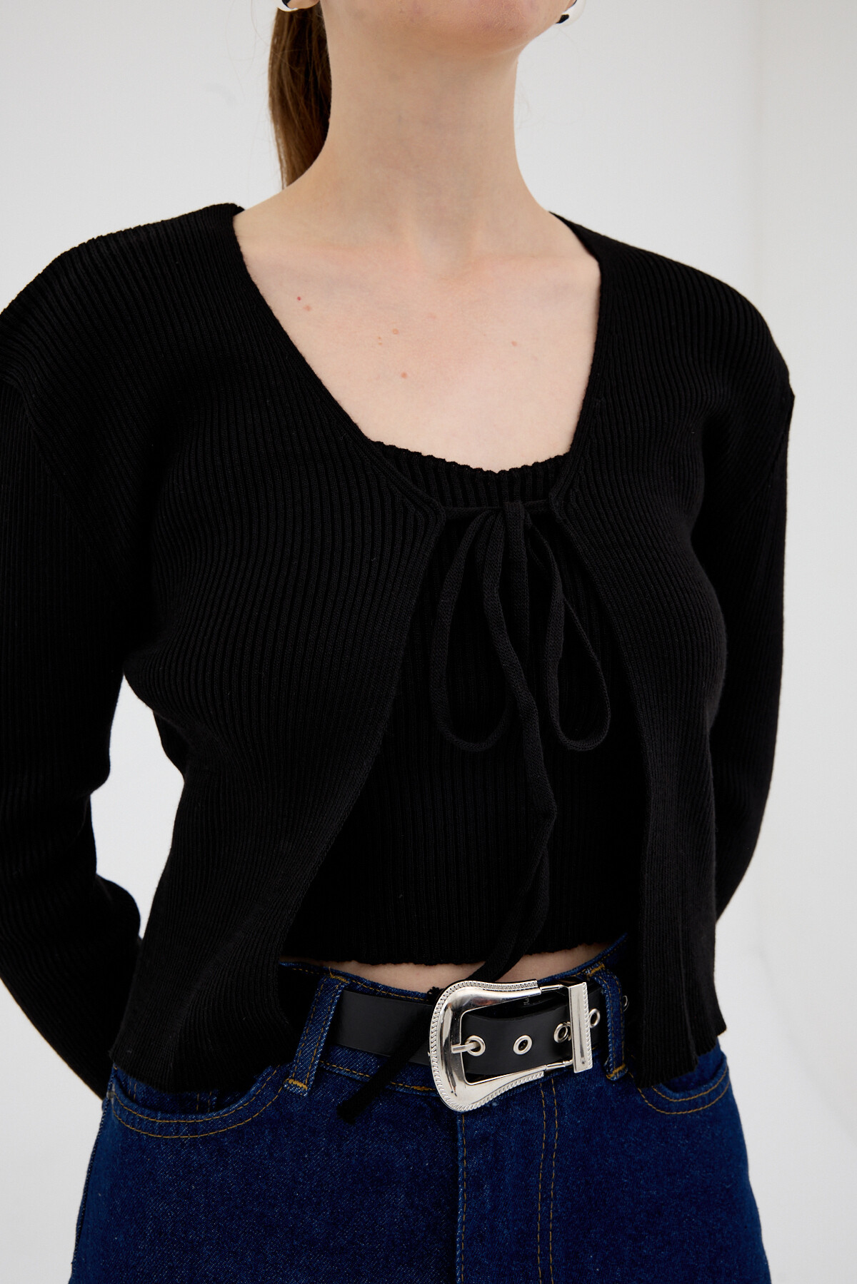 Siyah Ön Bağlamalı Triko Hırka ve Askılı Bluz Takımı 7360 - RAYS