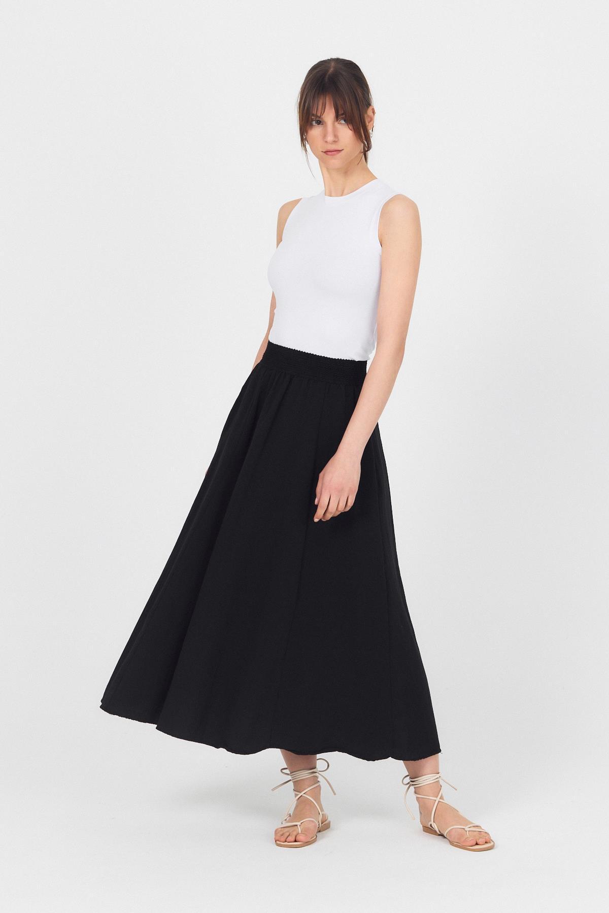 Siyah Örgü Kemer Detay Cepli Midi Etek 3027 - RAYS