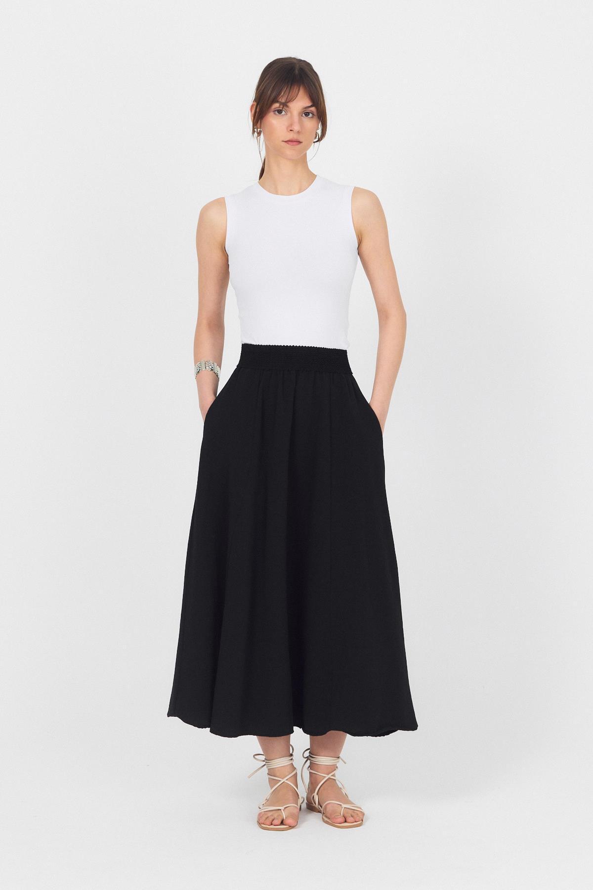 Siyah Örgü Kemer Detay Cepli Midi Etek 3027 - RAYS