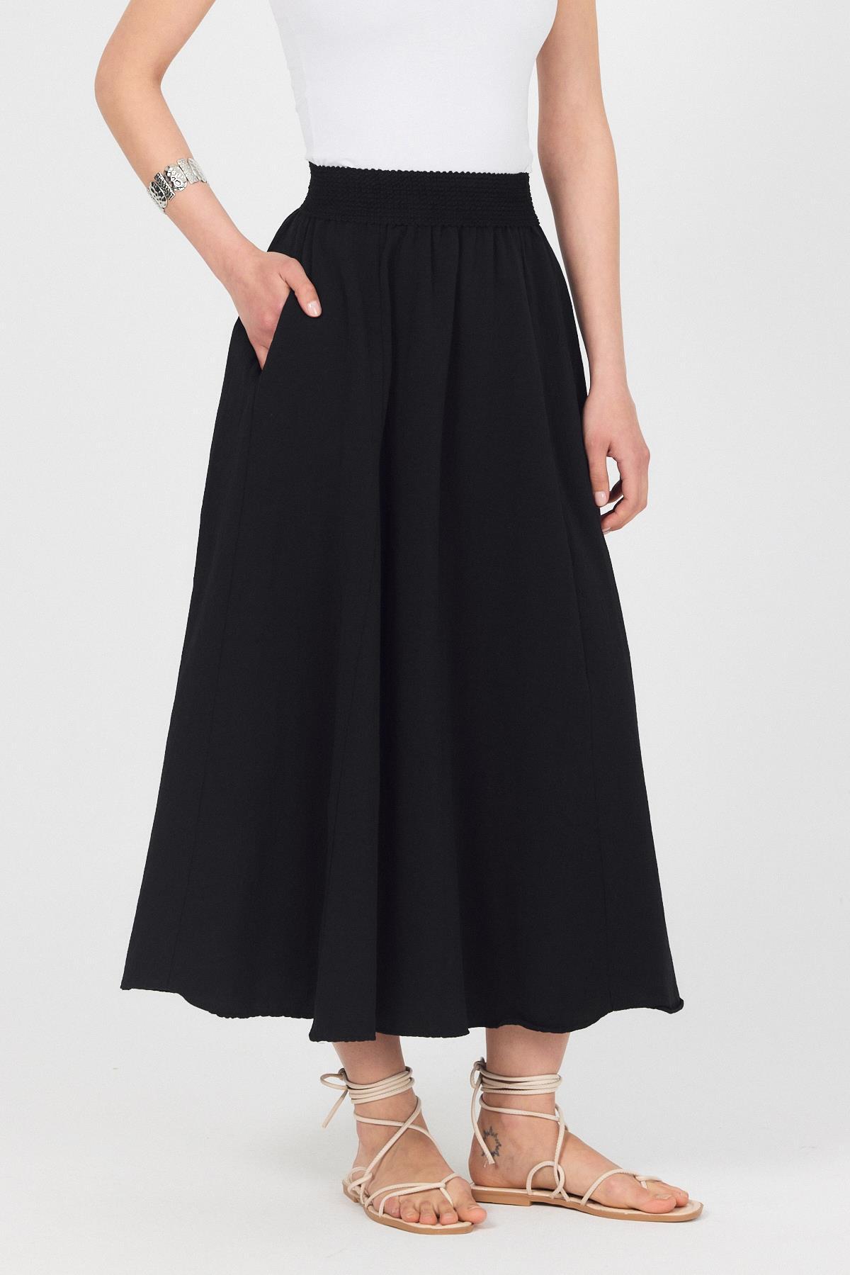 Siyah Örgü Kemer Detay Cepli Midi Etek 3027 - 6