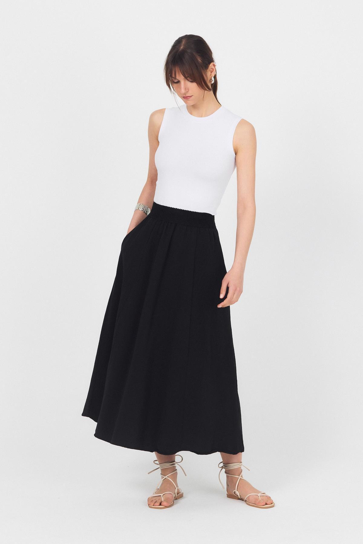 Siyah Örgü Kemer Detay Cepli Midi Etek 3027 - 7