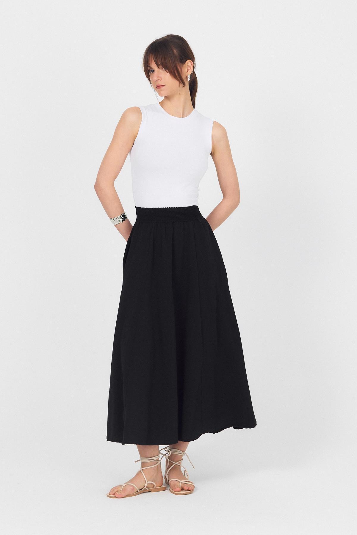 Siyah Örgü Kemer Detay Cepli Midi Etek 3027 - 8