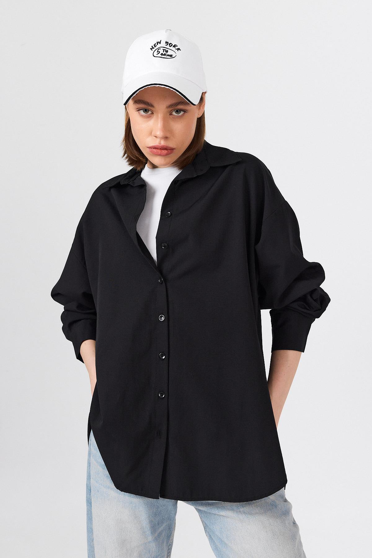 Siyah Oversize Basic Uzun Gömlek 4664A - 1