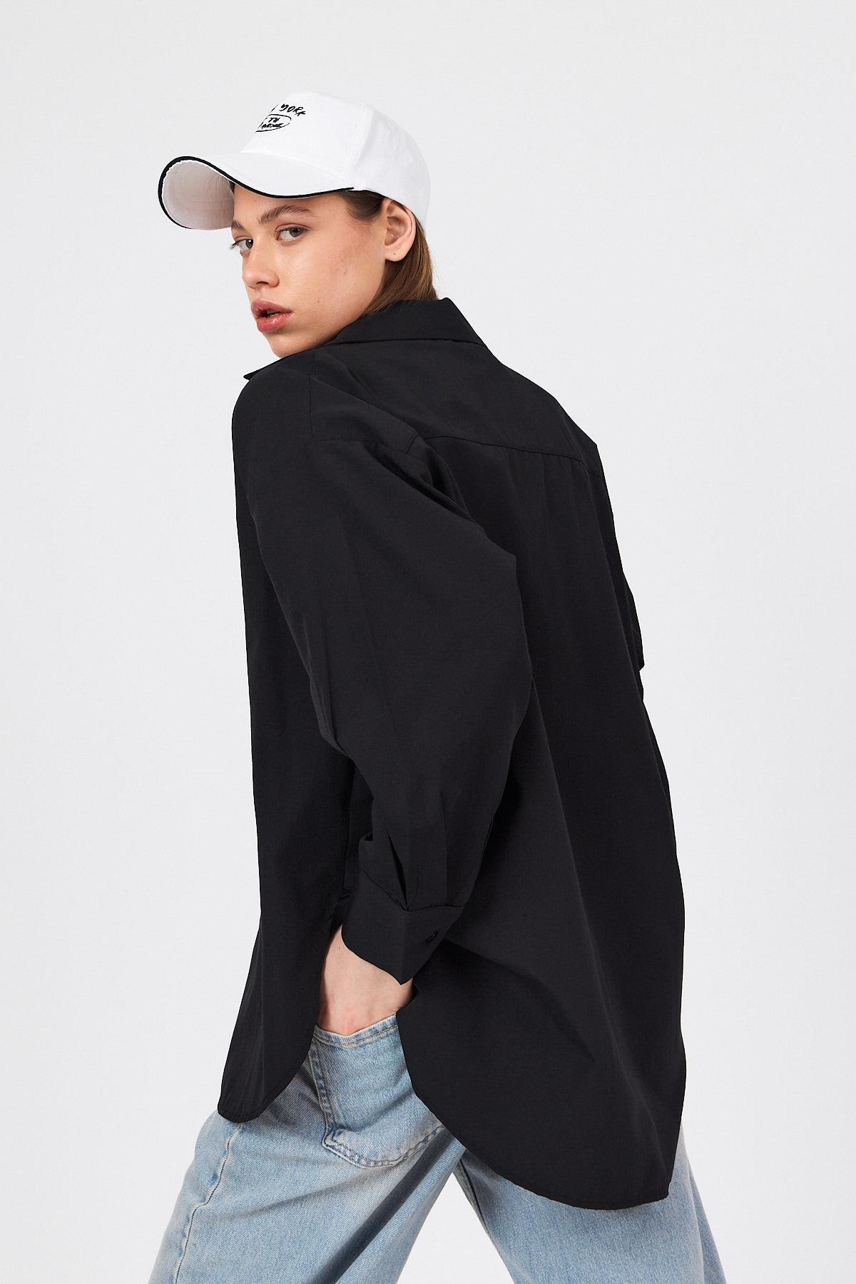 Siyah Oversize Basic Uzun Gömlek 4664A - RAYS