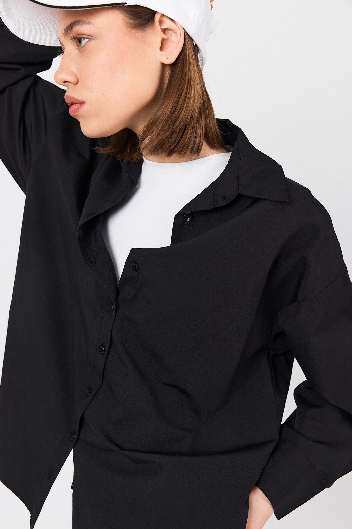 Siyah Oversize Basic Uzun Gömlek 4664A - RAYS