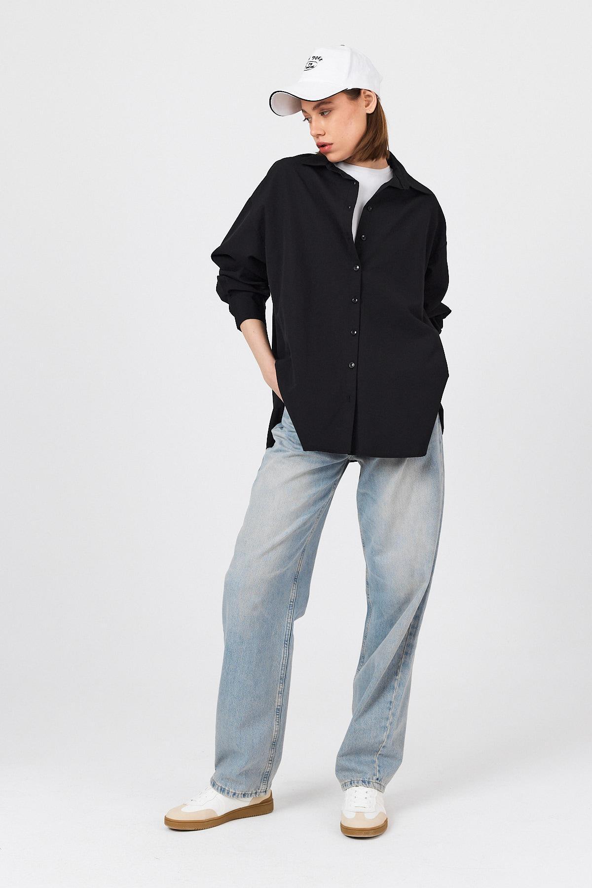 Siyah Oversize Basic Uzun Gömlek 4664A - RAYS