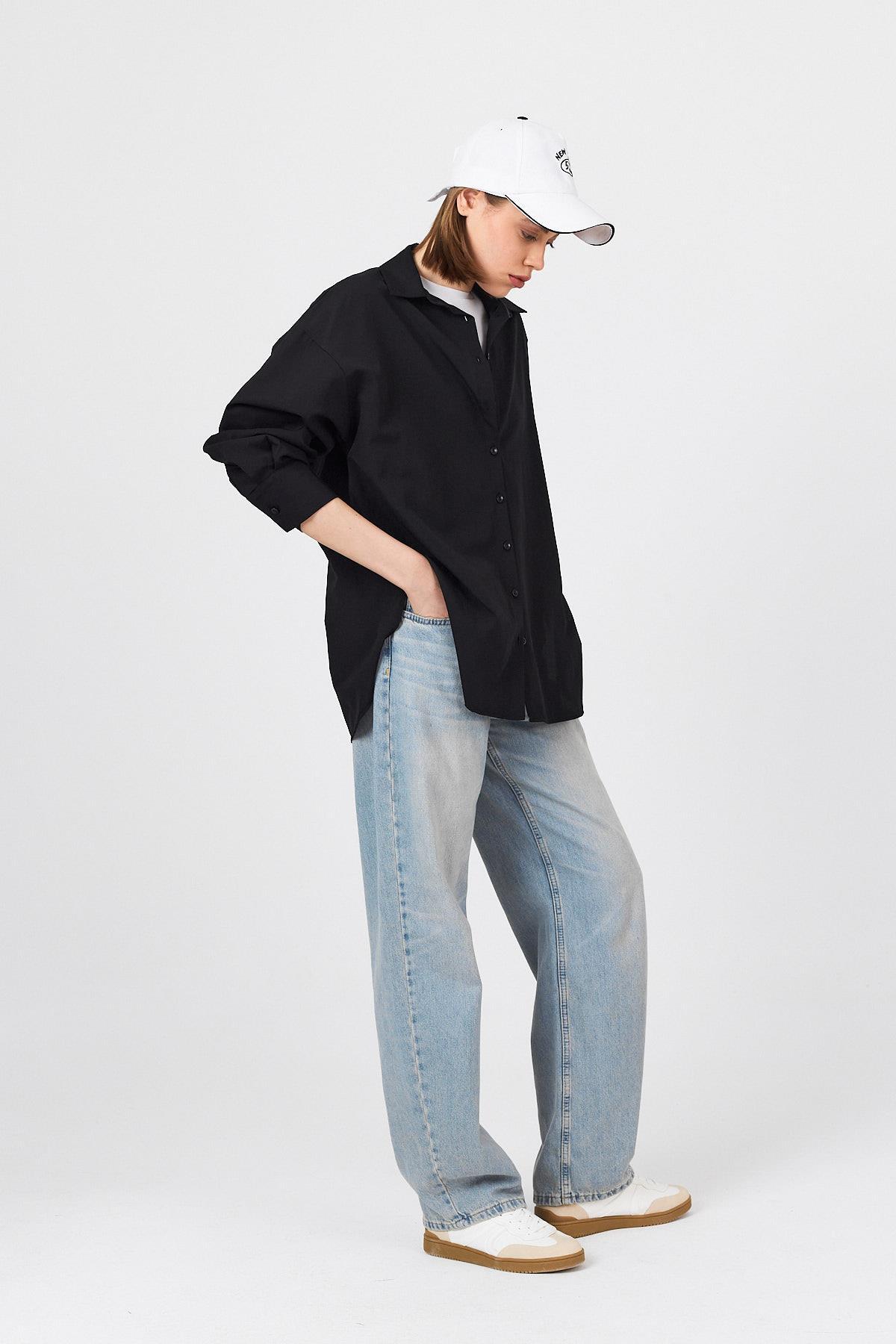 Siyah Oversize Basic Uzun Gömlek 4664A - 8