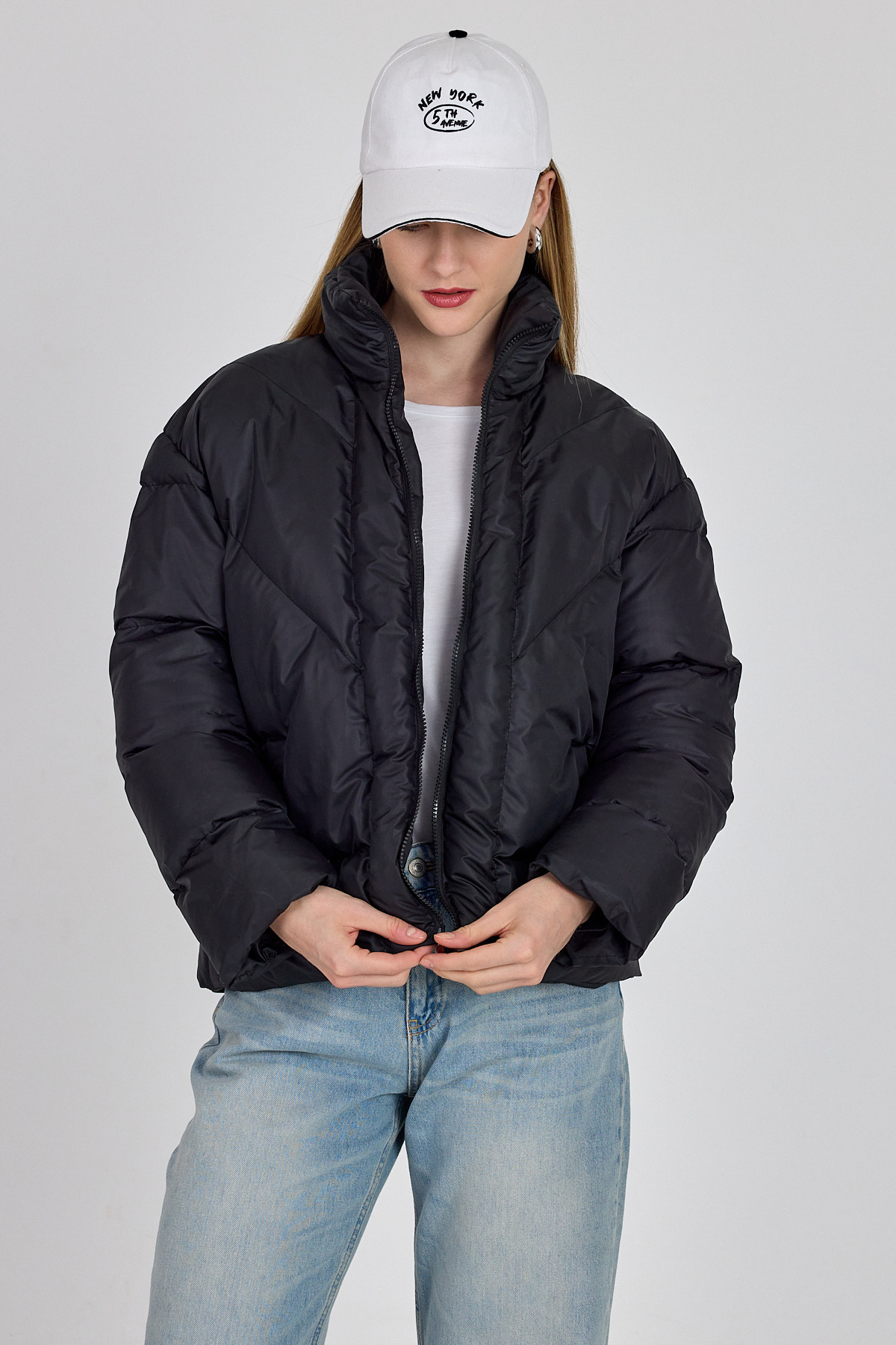 Siyah Oversize Dik Yaka Şişme Mont 4010 - 6