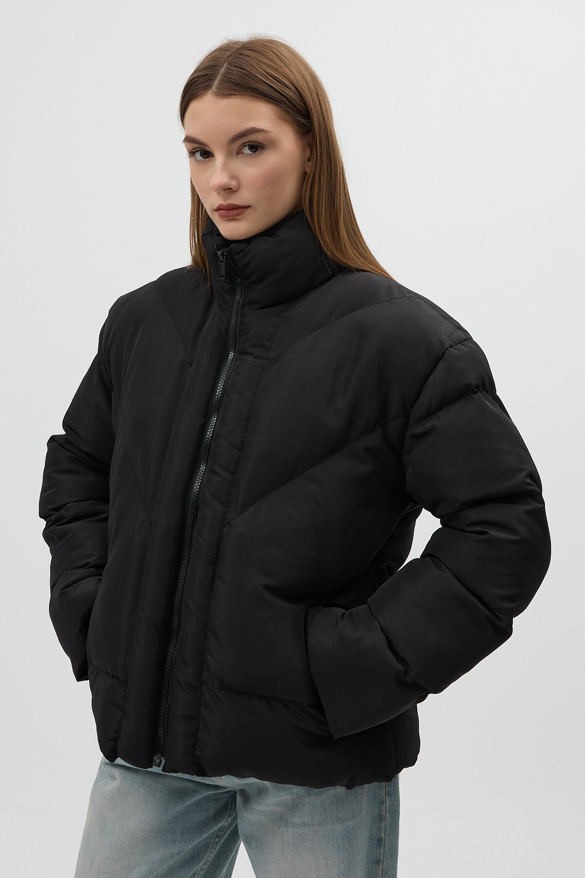 Siyah Oversize Dik Yaka Şişme Mont 4010 - 1