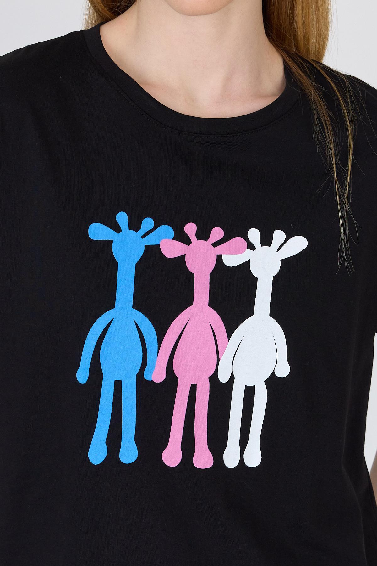 Siyah Oversize Zürafa Baskılı Tişört 2150-12M - 4