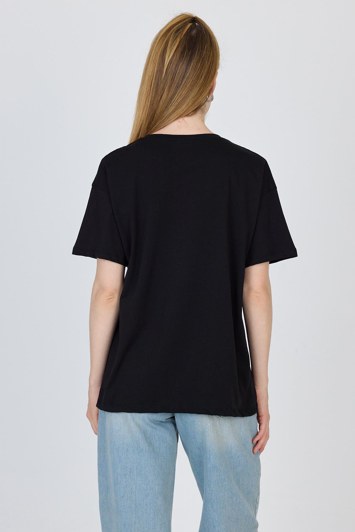 Siyah Oversize Zürafa Baskılı Tişört 2150-12M - 5