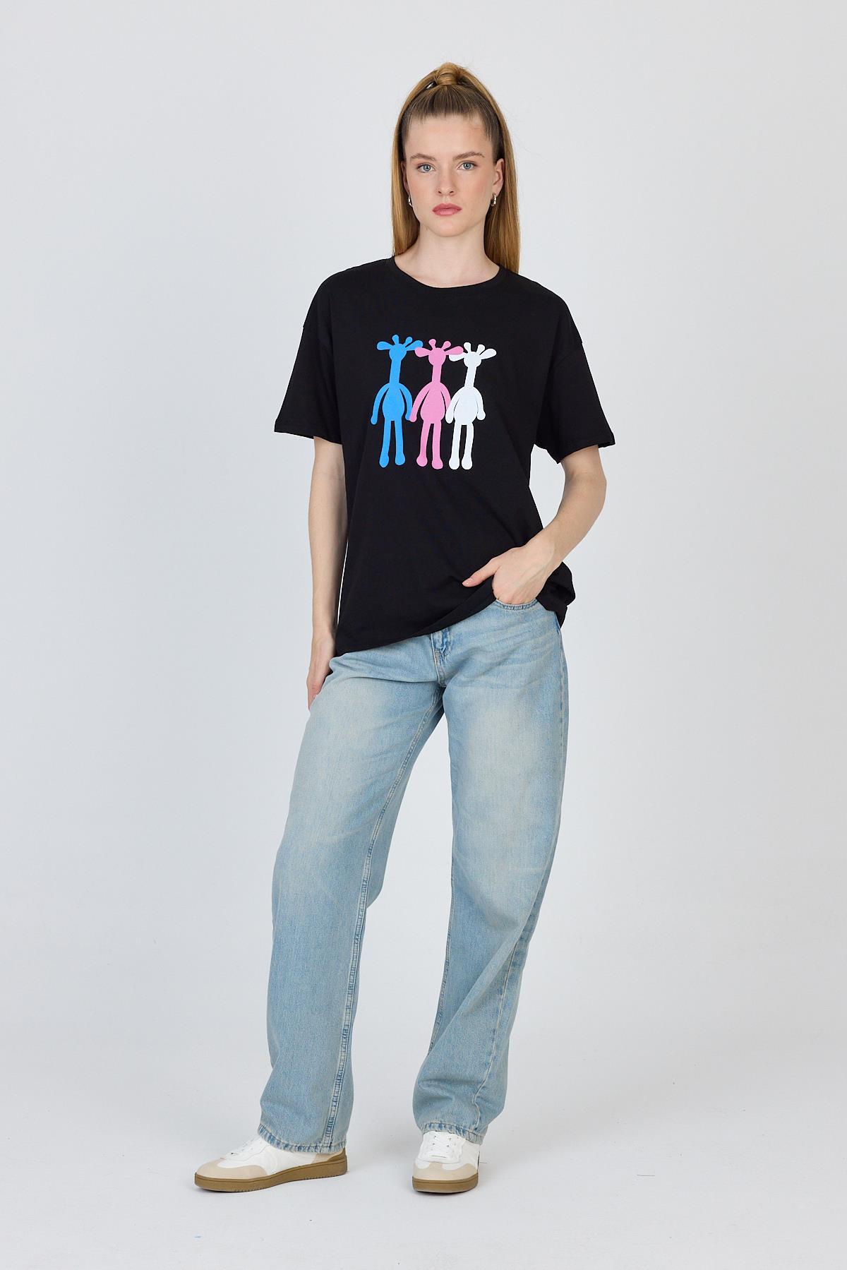 Siyah Oversize Zürafa Baskılı Tişört 2150-12M - 6