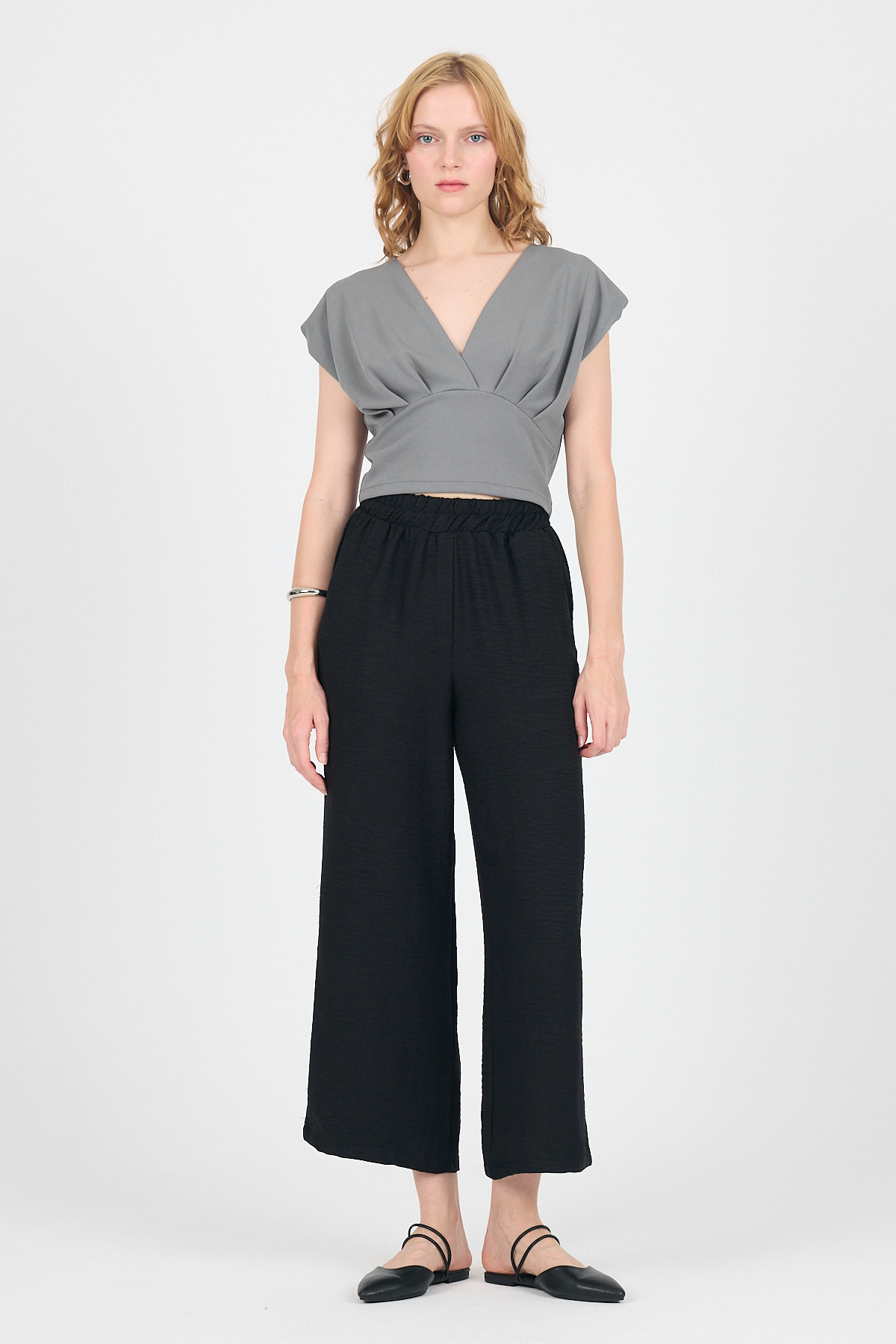 Siyah Pamuklu Bel Lastikli Bol Paça Pantolon 4657 - 2