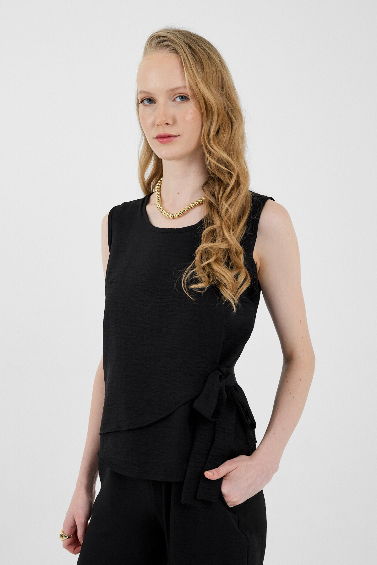 Siyah Pamuklu Yan Bağlama Detaylı İkili Takım 8079A - 2