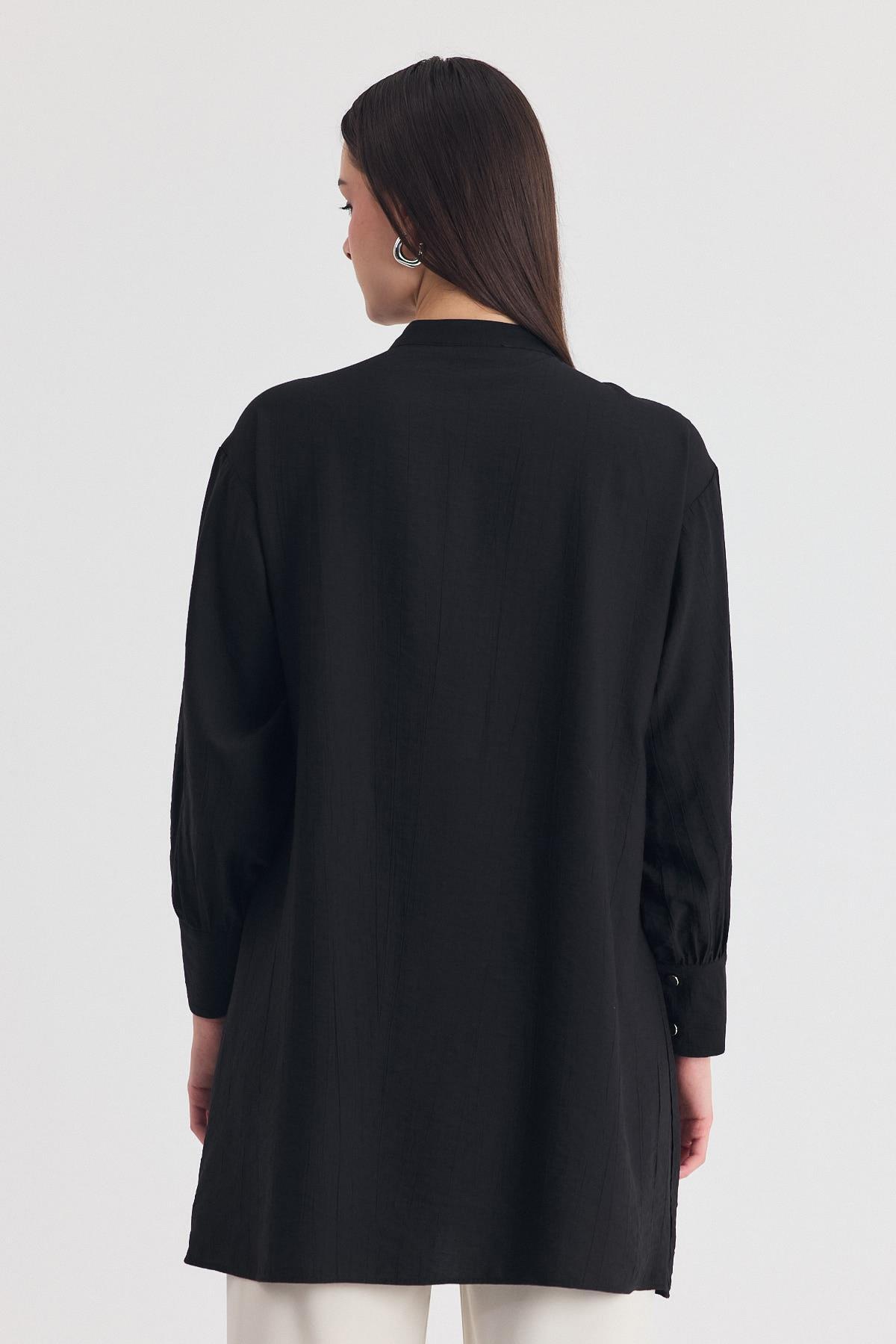 Siyah Parça Detaylı İp Bağcıklı Gömlek 4553A - 5