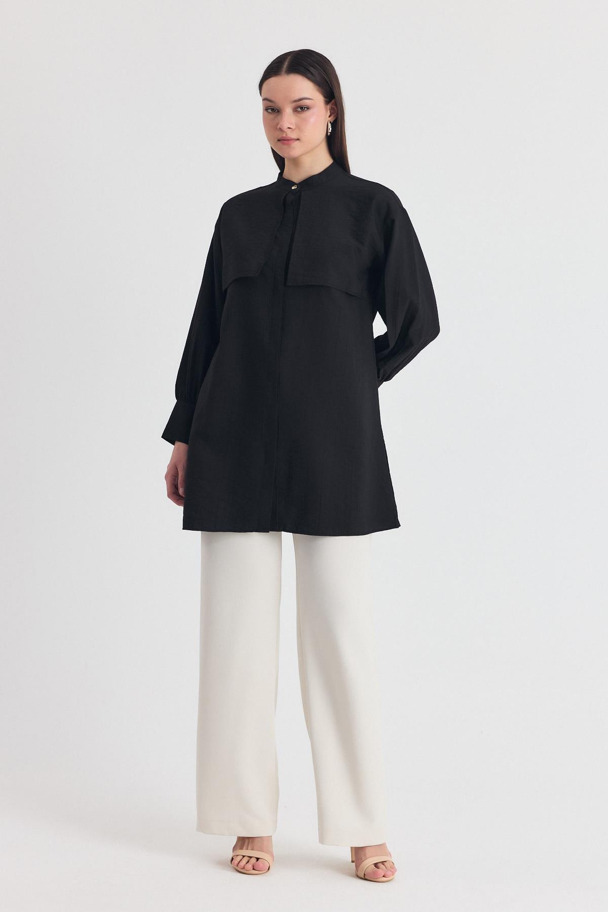 Siyah Parça Detaylı İp Bağcıklı Gömlek 4553A - 6