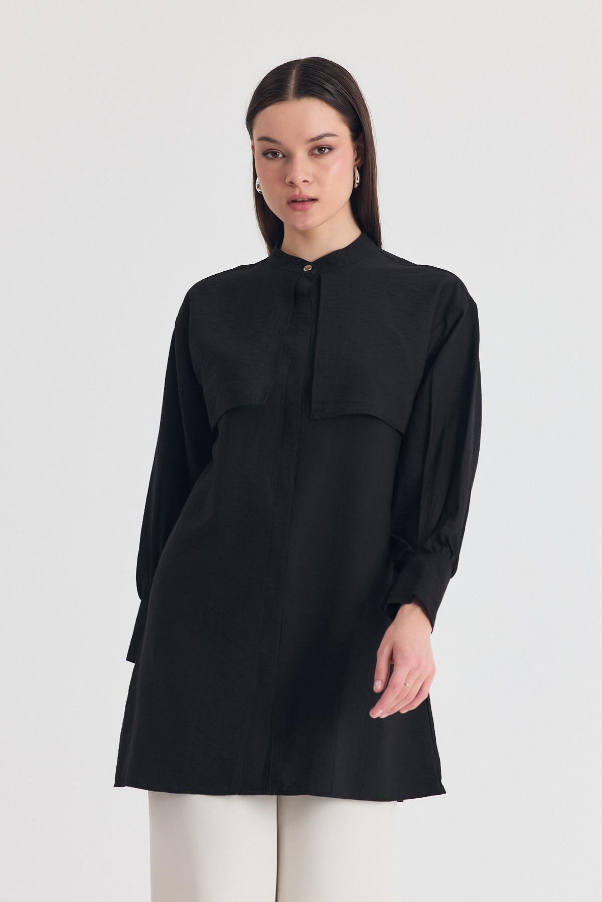 Siyah Parça Detaylı İp Bağcıklı Gömlek 4553A - 7