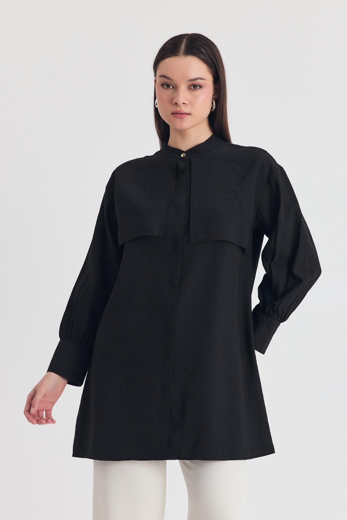 Siyah Parça Detaylı İp Bağcıklı Gömlek 4553A - 8