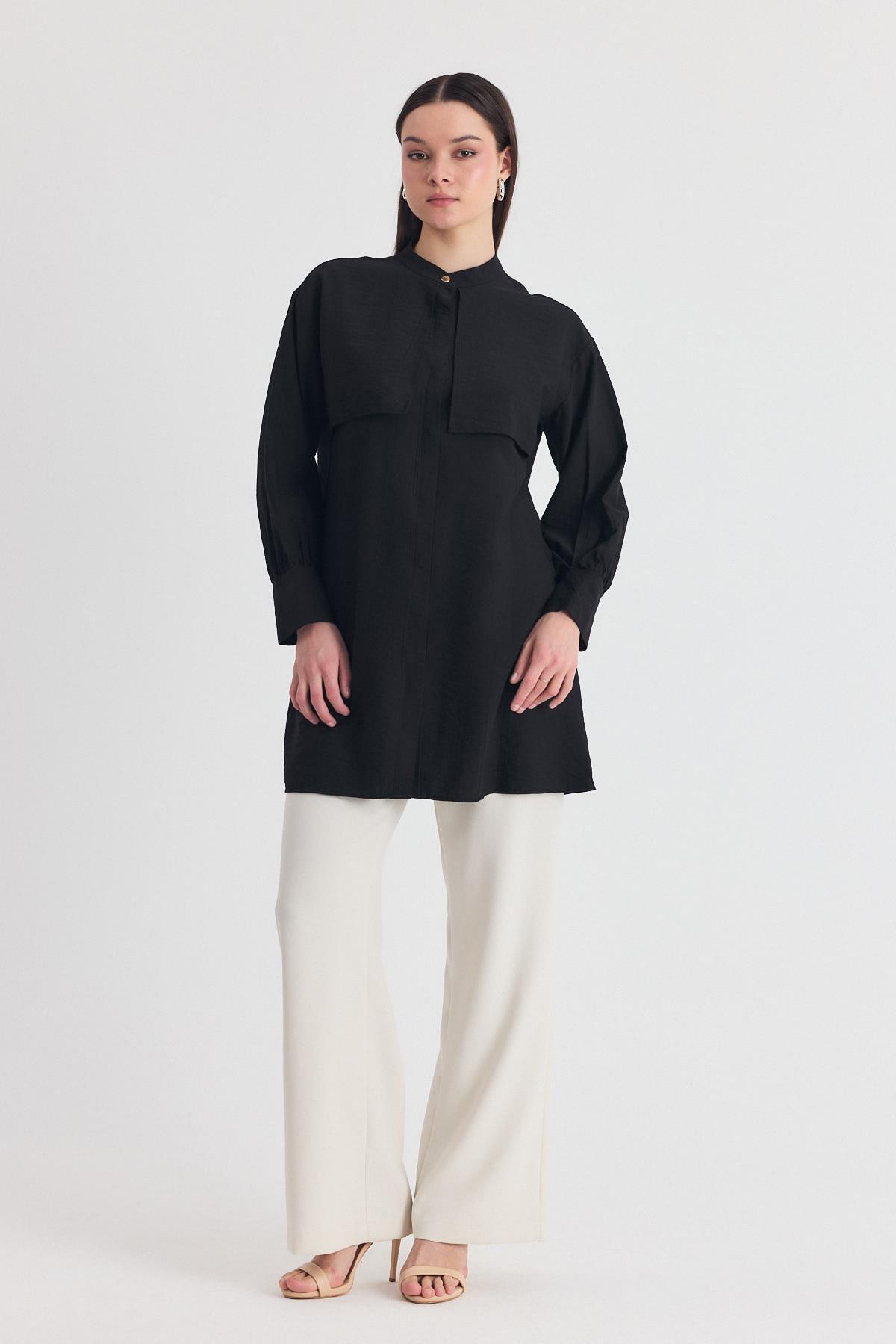 Siyah Parça Detaylı İp Bağcıklı Gömlek 4553A - RAYS